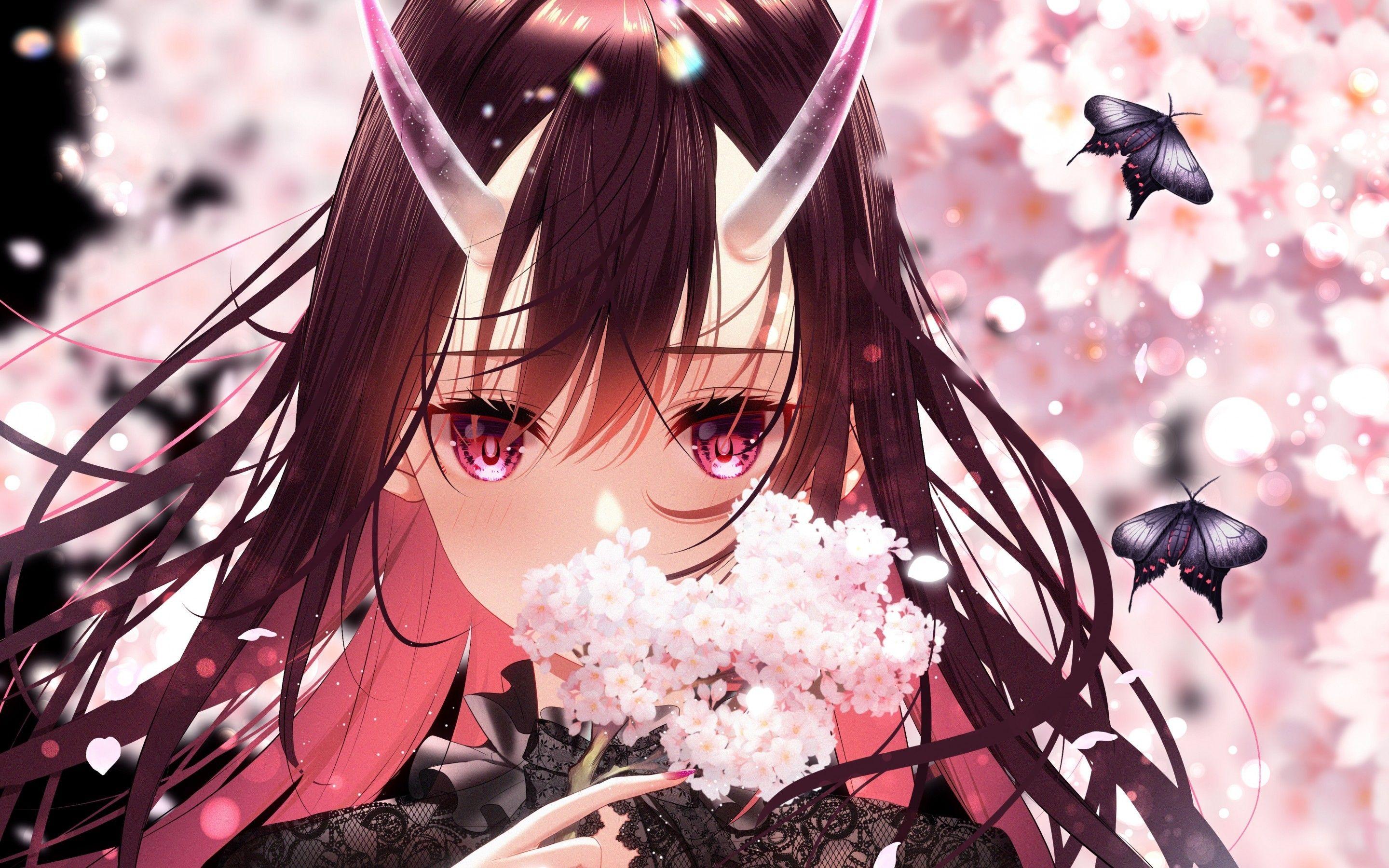 2880x1800 Download 2880x1800 Anime Girl, Horns, Face Portrait, Pink Eyes