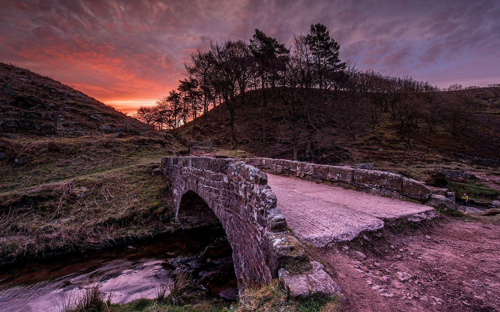 1680x1050 Field: Beautiful Water Bridge River Scotland Fields Evening Peaceful