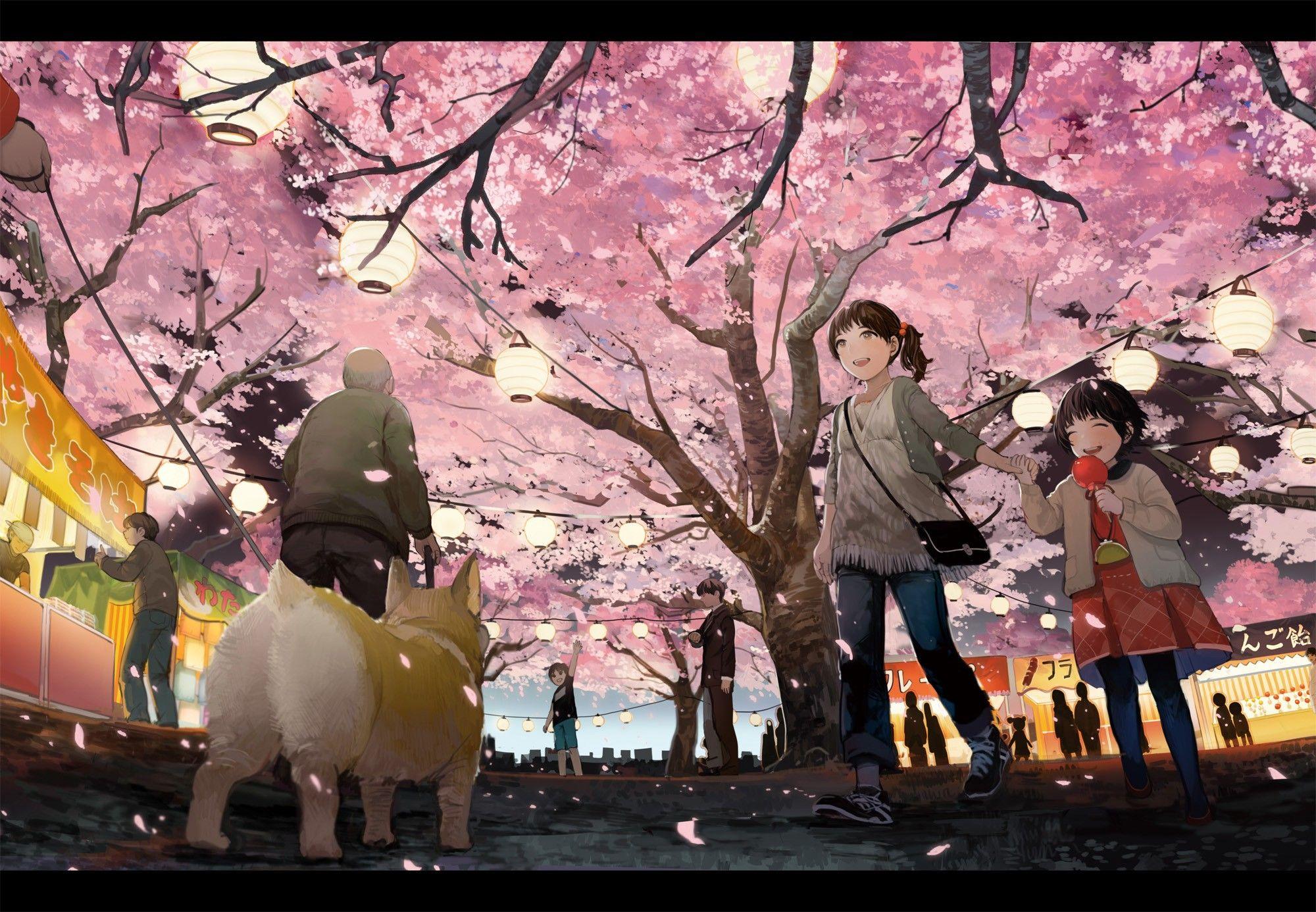 2000x1386 Japan, trees, animals, dogs, artwork, anime, flower petals, anime