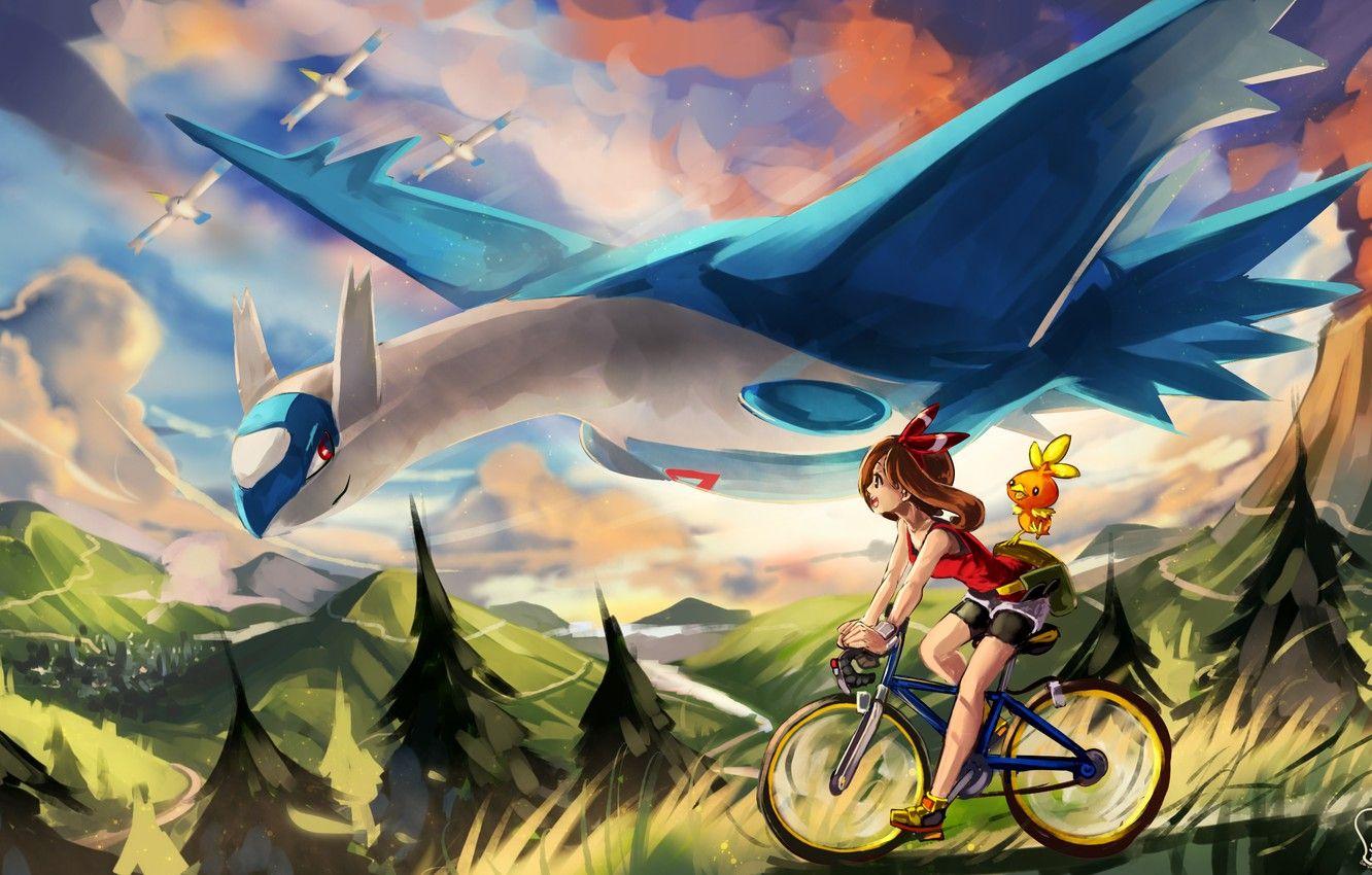 1332x850 Wallpaper girl, bike, picture, pokemon, pokemon, wingull, latios