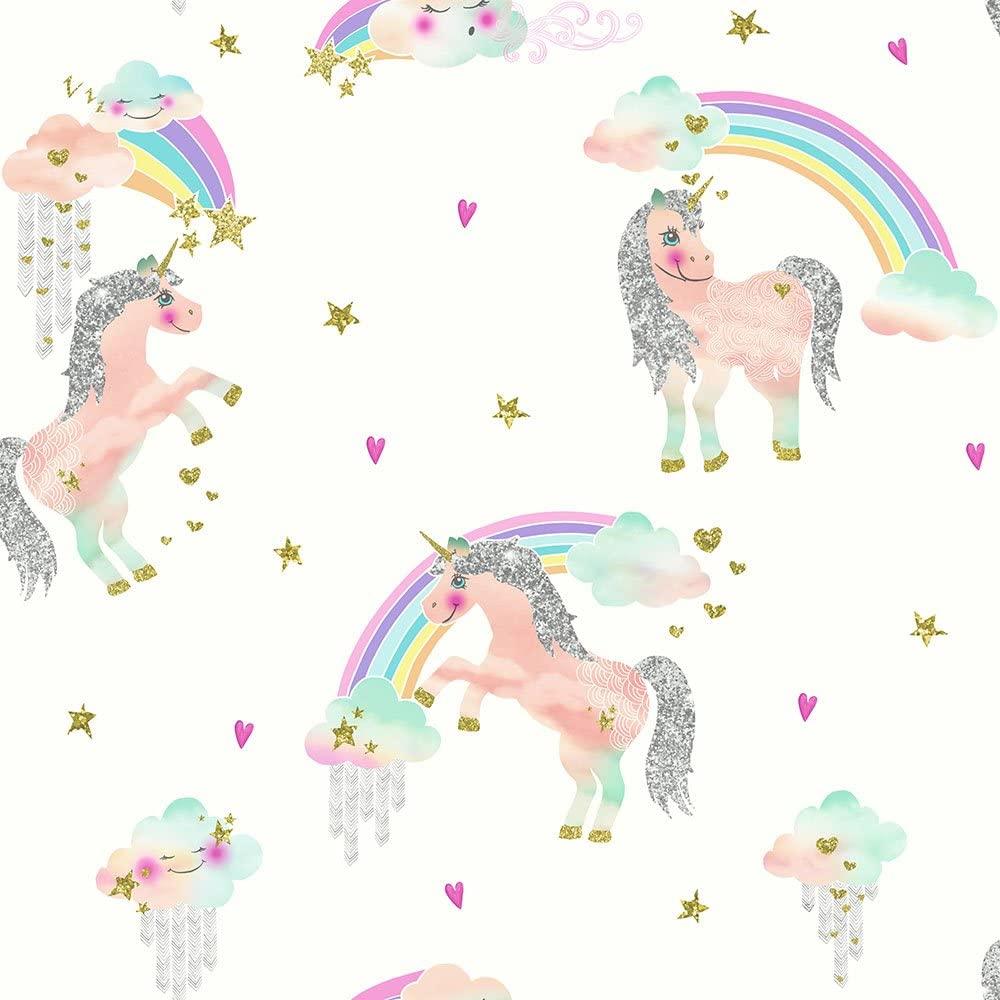 1000x1000 Arthouse 696109 Rainbow Unicorn White Wallcovering
