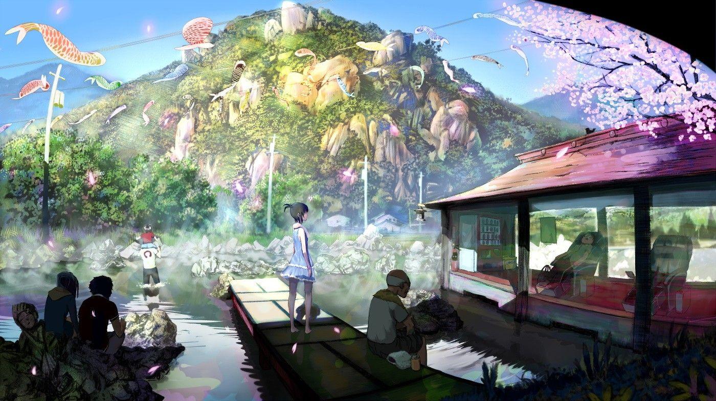 1400x784 water, pants, landscapes, cherry blossoms, dress, fish, houses