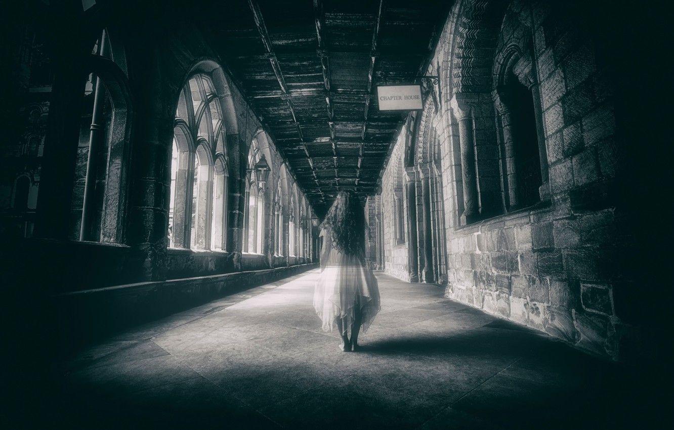 1332x850 Wallpaper castle, corridor, Ghost, girl, Alone image for desktop