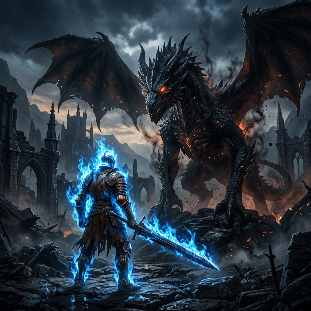 1024x1024 Epic Dragon Battle: Darkeater Midir Vs Artorias The Abysswalker. AI Art Generator. Easy Peasy.AI