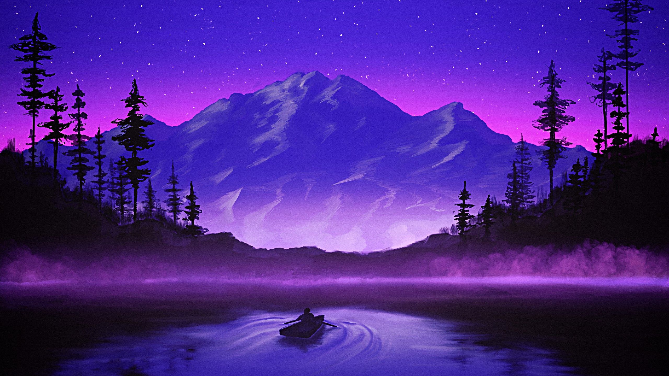 2560x1440 Minimalism Landscape Lake Mountain Artistic Purple Stars Sky Background 4K 5K HD Minimalism Wallpaper