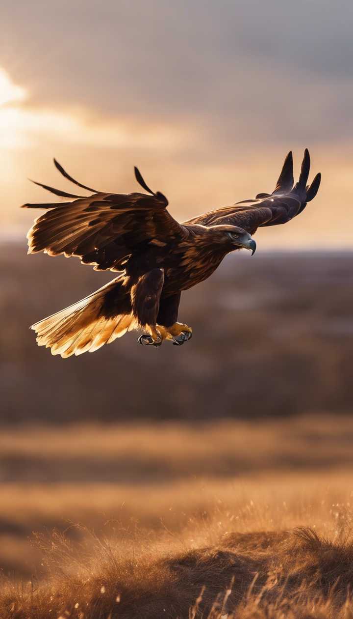 720x1260 A golden eagle flying majestically against the backdrop of a setting sun. Wallpaper [b383D9aadbfc462385cd]