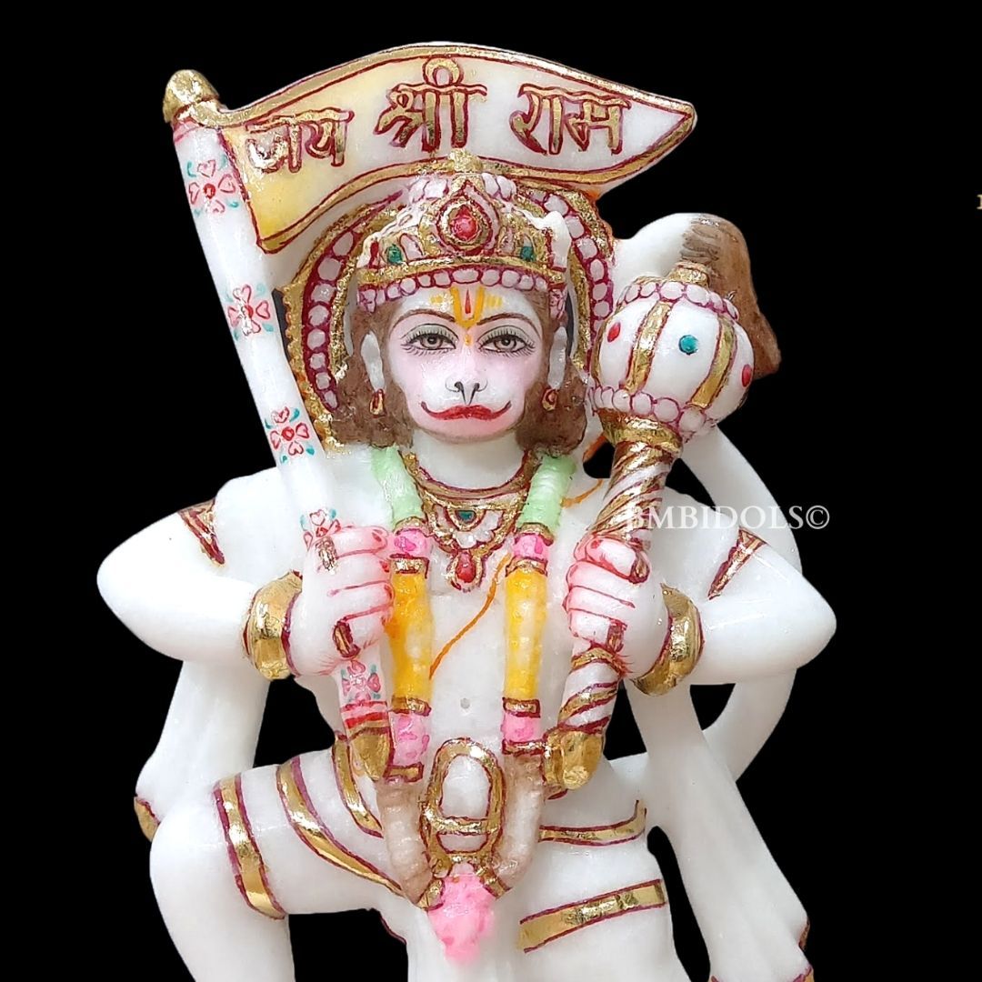 1080x1080 Preorder Marble Hanuman Statue carrying Flag in Hand of Jai Shri Ram