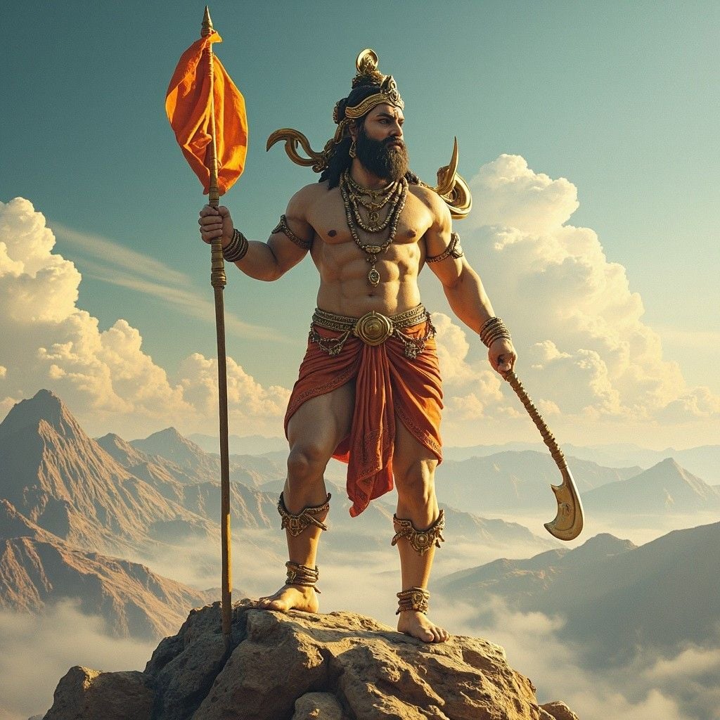 1024x1024 Lord Hanuman Standing on Mountain Carrying Gadha and Orange Flag