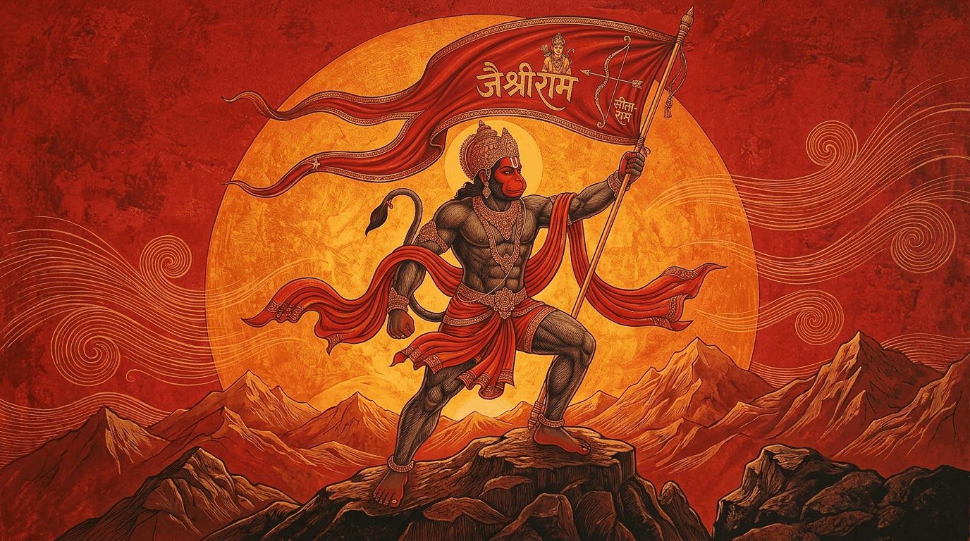 1376x768 A heroic image of Hanuman standing triumphantly on a mountain peak at sunrise, holding Lord Rama's flag high