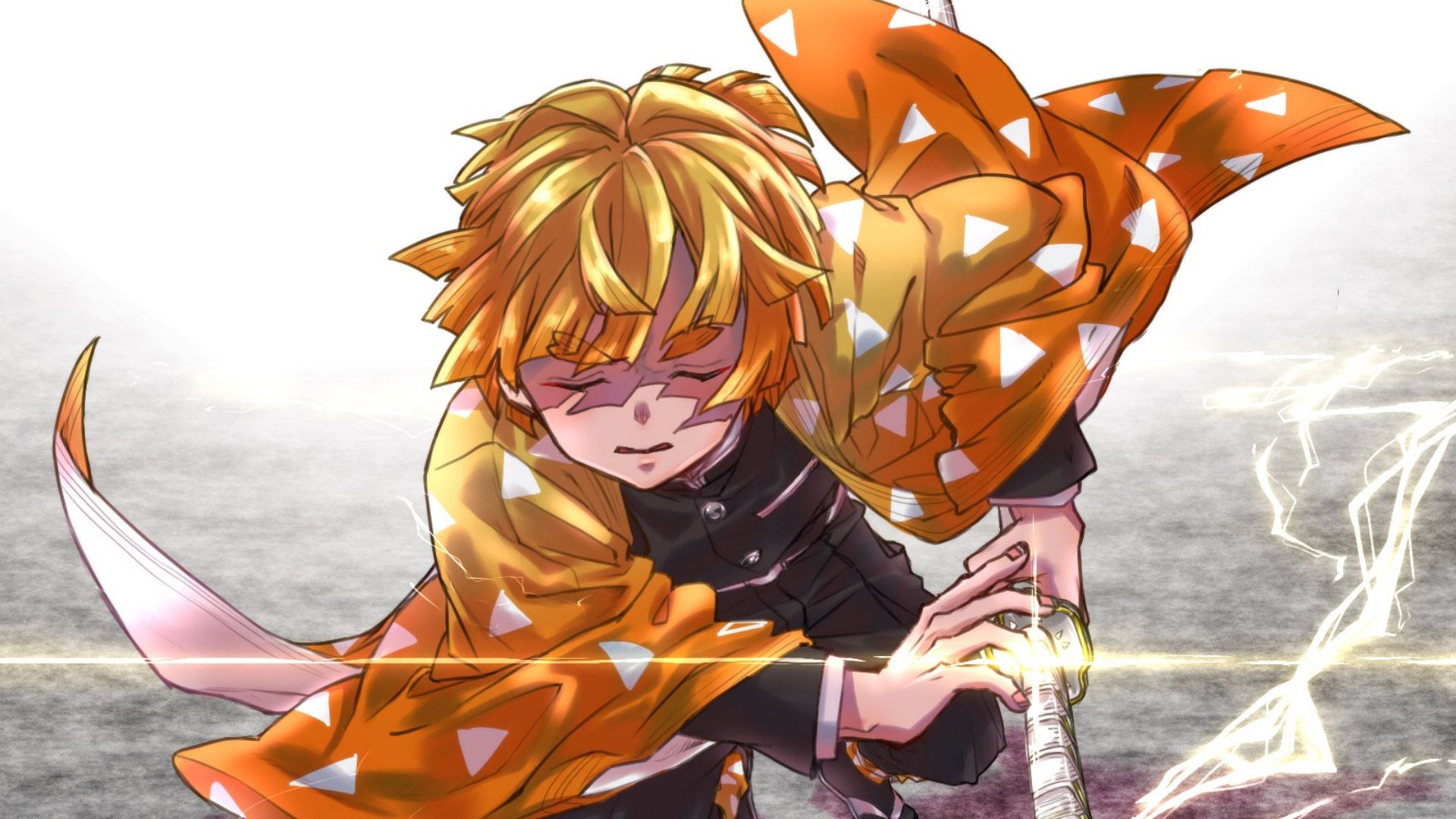 1920x1080 Demon Slayer Zenitsu Agatsuma Wearing Yellow Dress Having Lightning Sword With White Background HD Anime Wallpaper