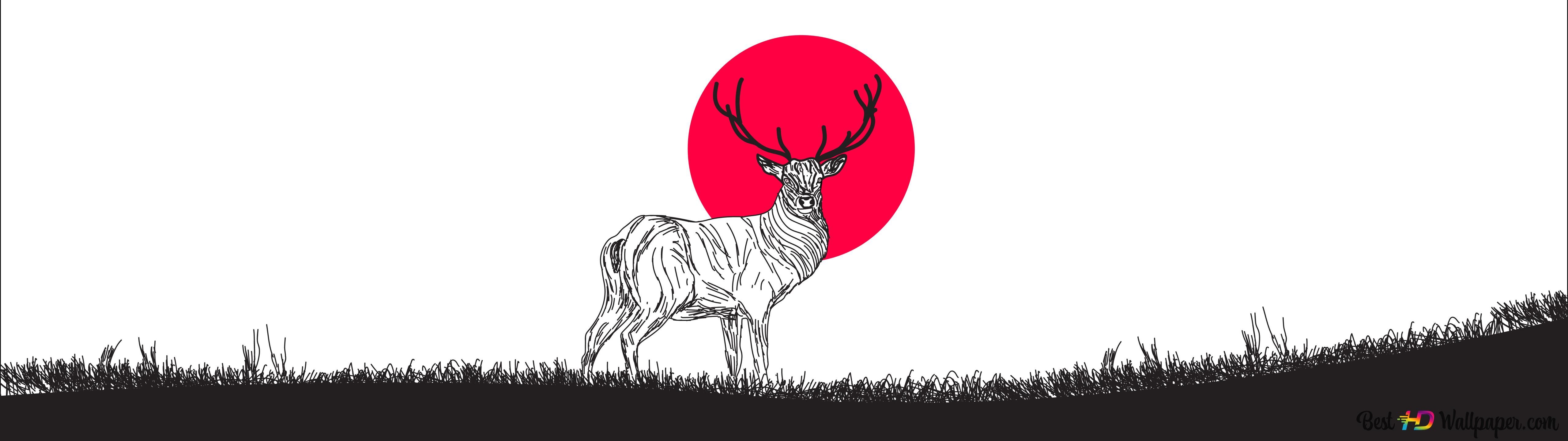 5120x1440 Japan deer minimalist on the black and white grasps 8K wallpaper download