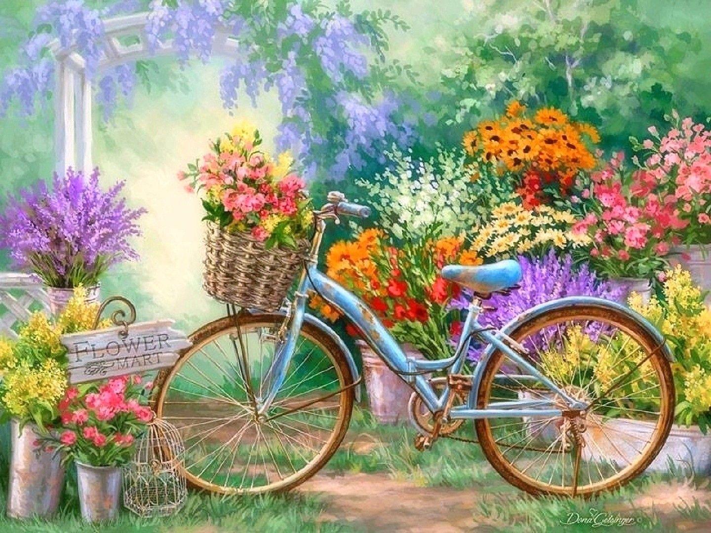 1440x1080 Flower Four Bicycle Seasons Beautiful Paintings Bike Lovely Flowers