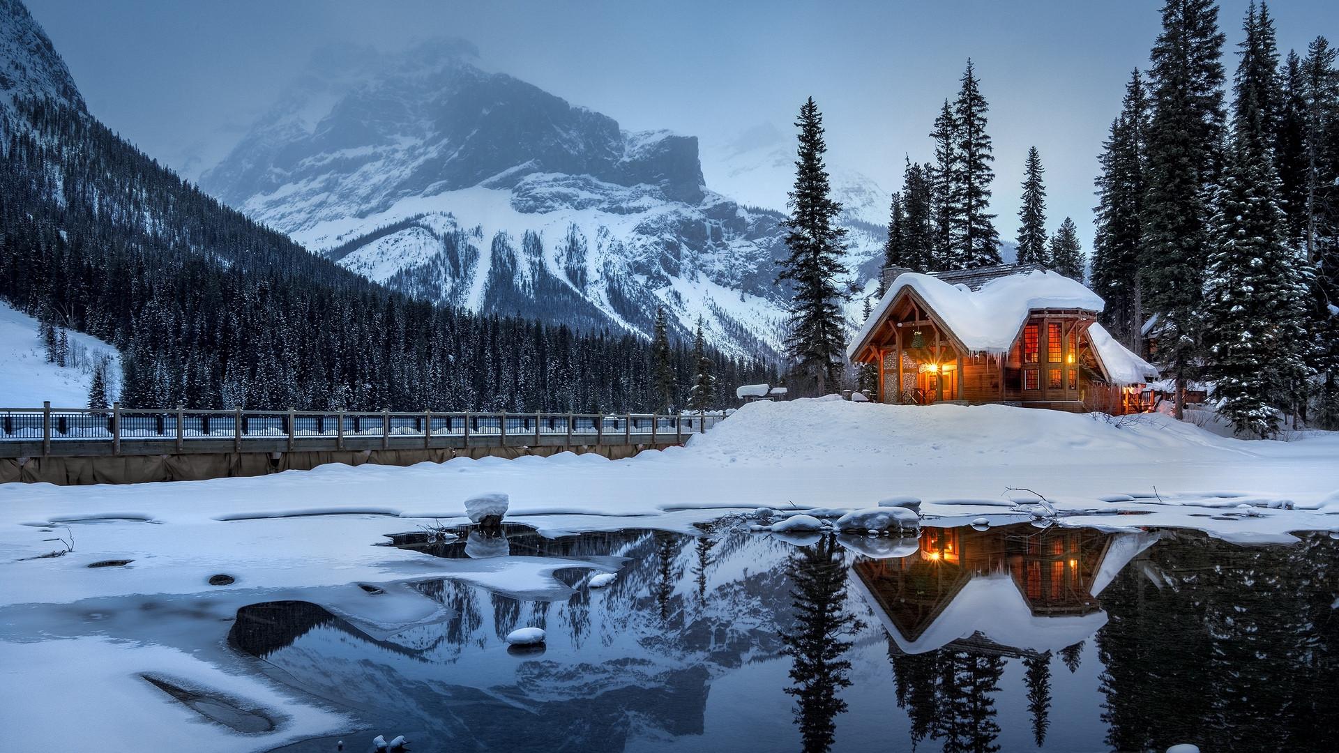 1920x1080 Wallpaper House, Mountains, Snow, Lake, Beautiful Landscape
