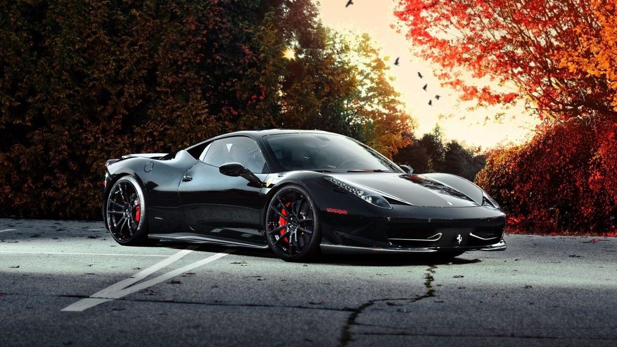 1244x700 Trees cars roads Ferrari 458 Italia tuning rims tuned black cars