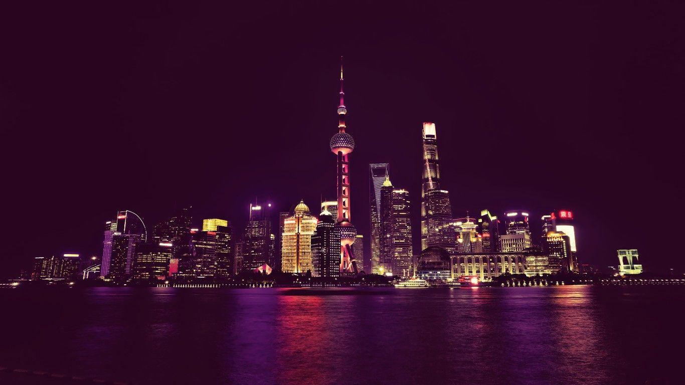 1366x768 China Shanghai Neon City Lights 1366x768 Resolution