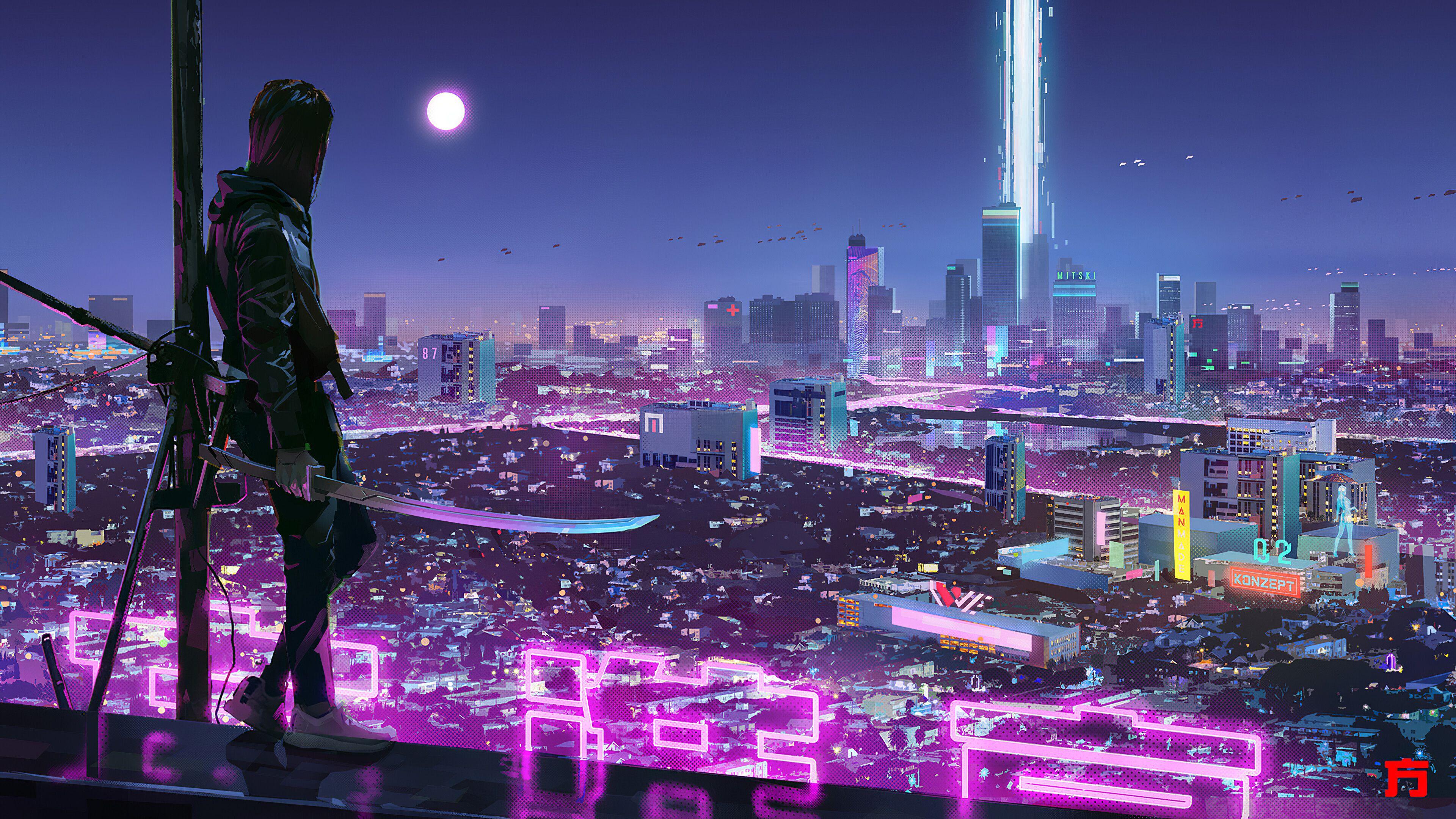 3840x2160 Ninja Katana Sci Fi City Neon Lights Hình nền 4k Ultra HD