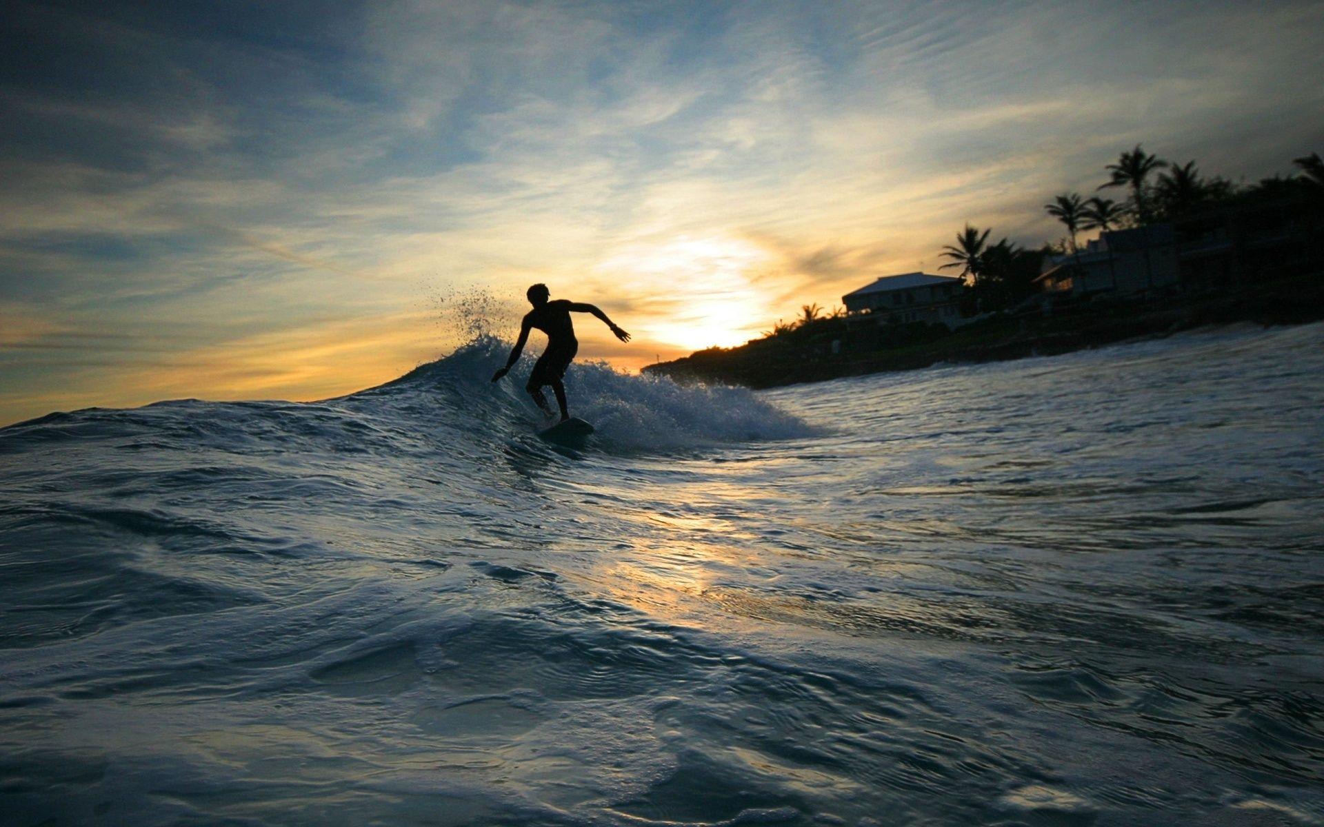 1920x1200 Wallpaper wave, sea, water, surfing, sunset desktop wallpaper