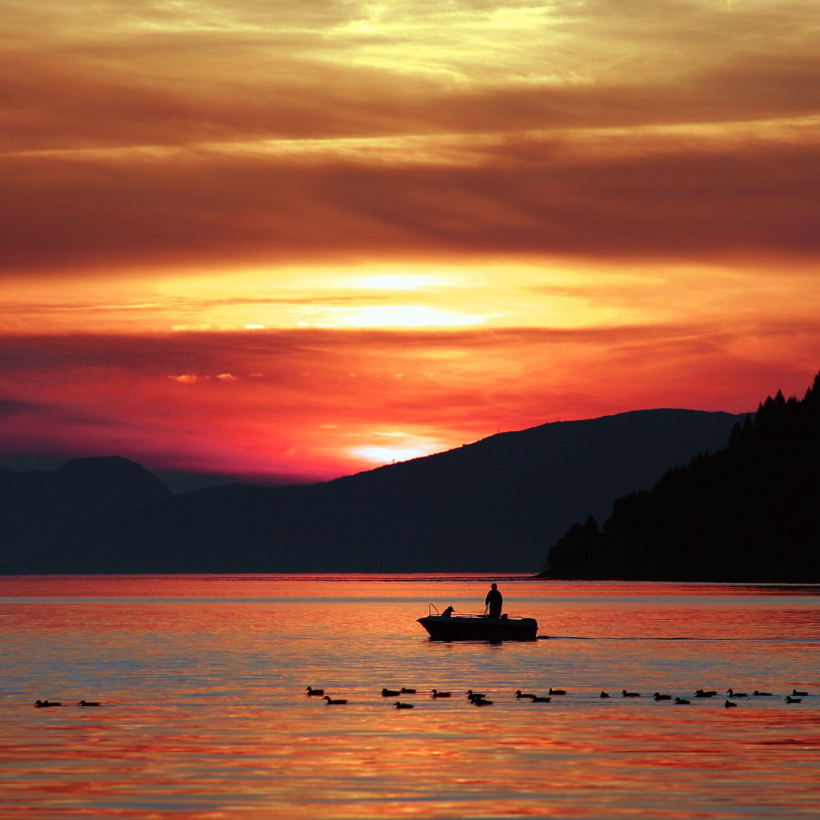 2732x2732 Sunset River Mountain Sky Afternoon Red Wallpaper