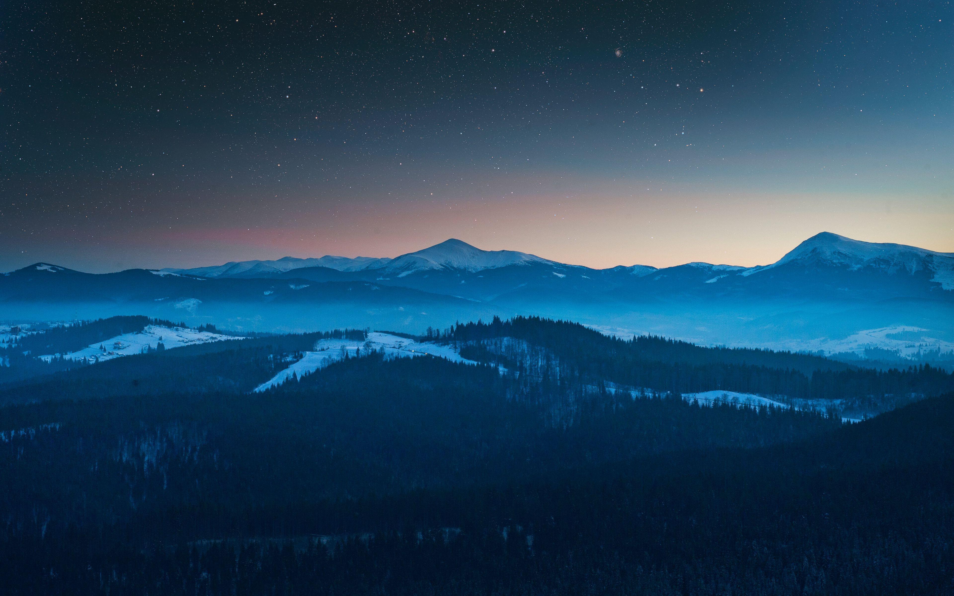 3840x2400 Download wallpaper 3840x2400 mountains, aerial view, starry sky