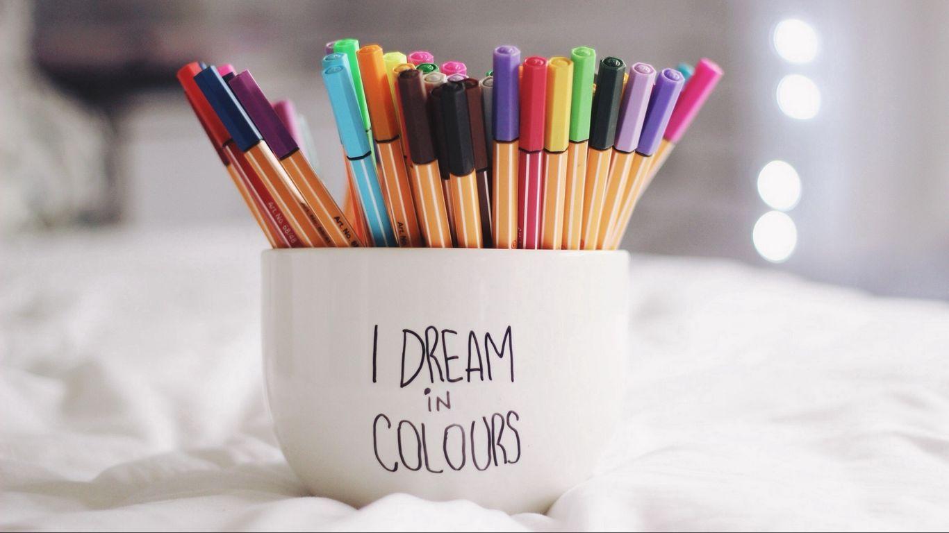 1366x768 Download wallpaper 1366x768 pen, cup, dreams, colorful tablet