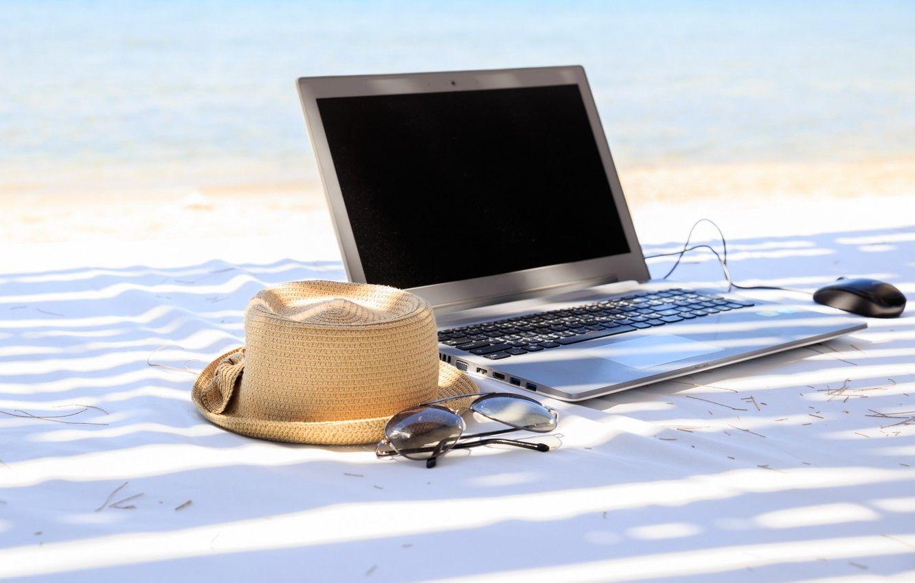 1332x850 Wallpaper beach, summer, stay, hat, glasses, laptop, summer, beach