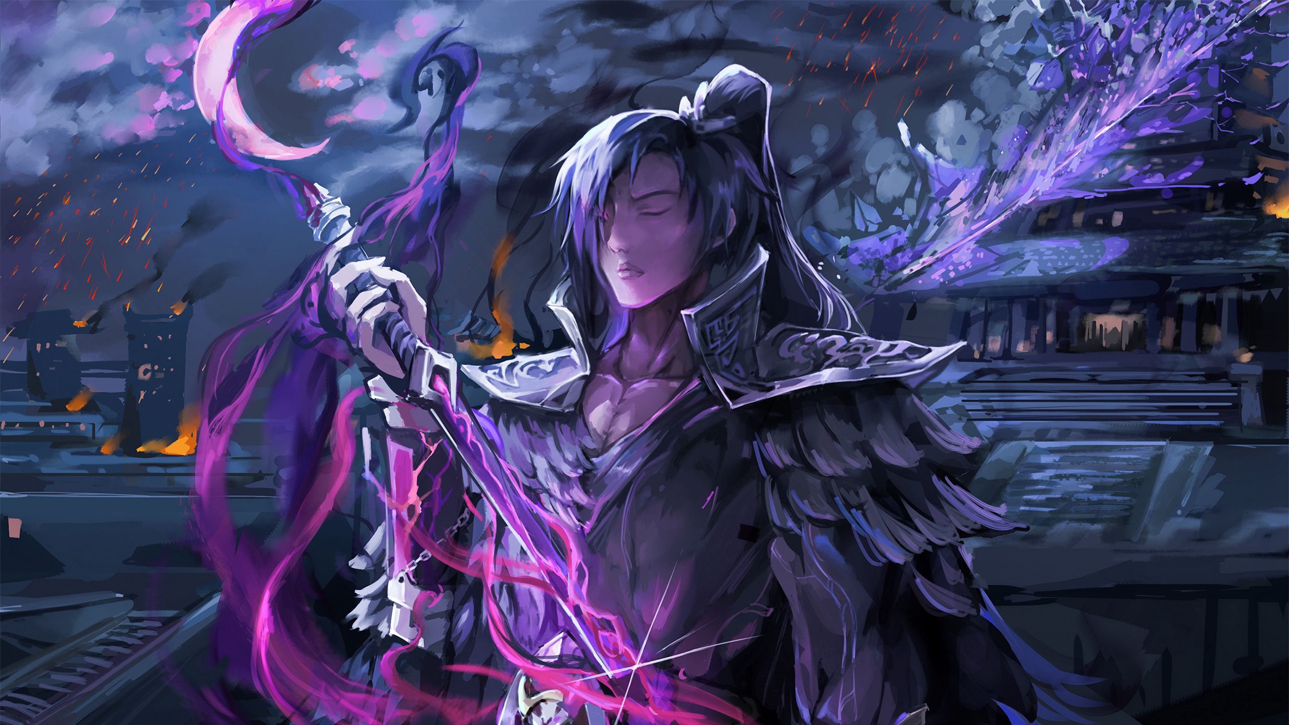 2560x1440 Download wallpaper 2560x1440 samurai, staff, anime, art, purple widescreen 16:9 HD background
