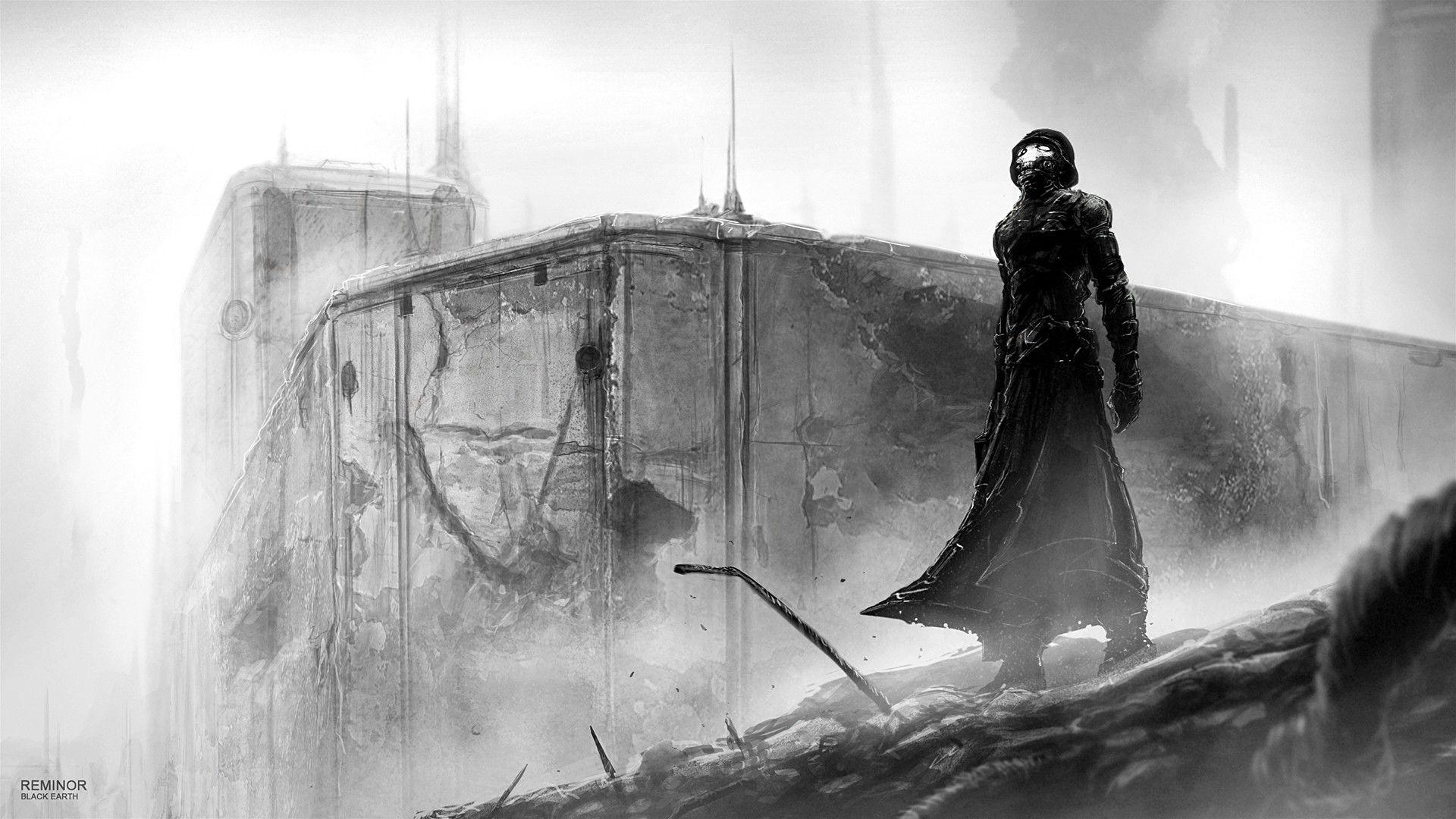 1920x1080 black and white, futuristic, destruction, digital art, monochrome