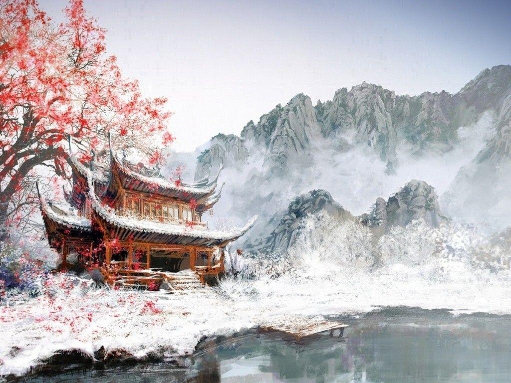 1024x768 Winter: Japanese Cottage Snow Winter Japan Tree Nature Mountain Look