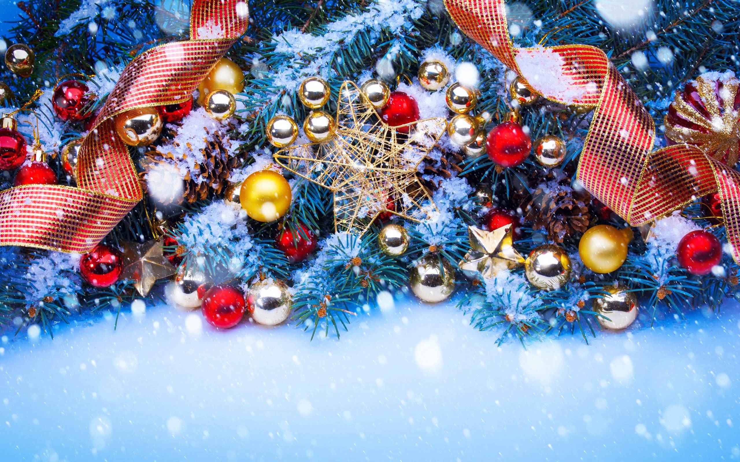 2560x1600 Snow, Christmas Ornaments, Ribbon, Pine Trees