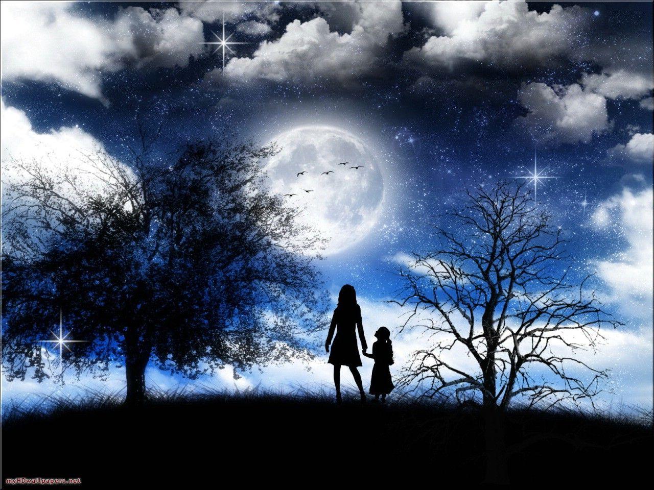 Premium AI Image  Magical fantasy romantic night background with full moon  and glowing butterflies in bubble wallpaper