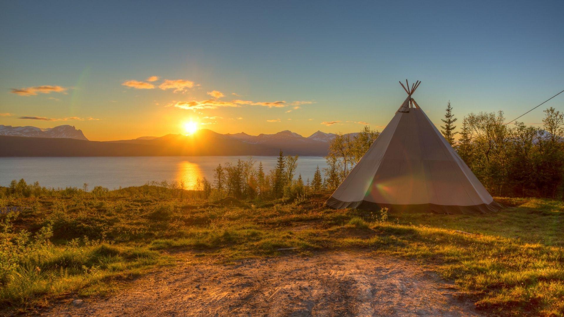1920x1080 Download Wallpaper 1920x1080 tent, decline, lake, coast, sun, disk