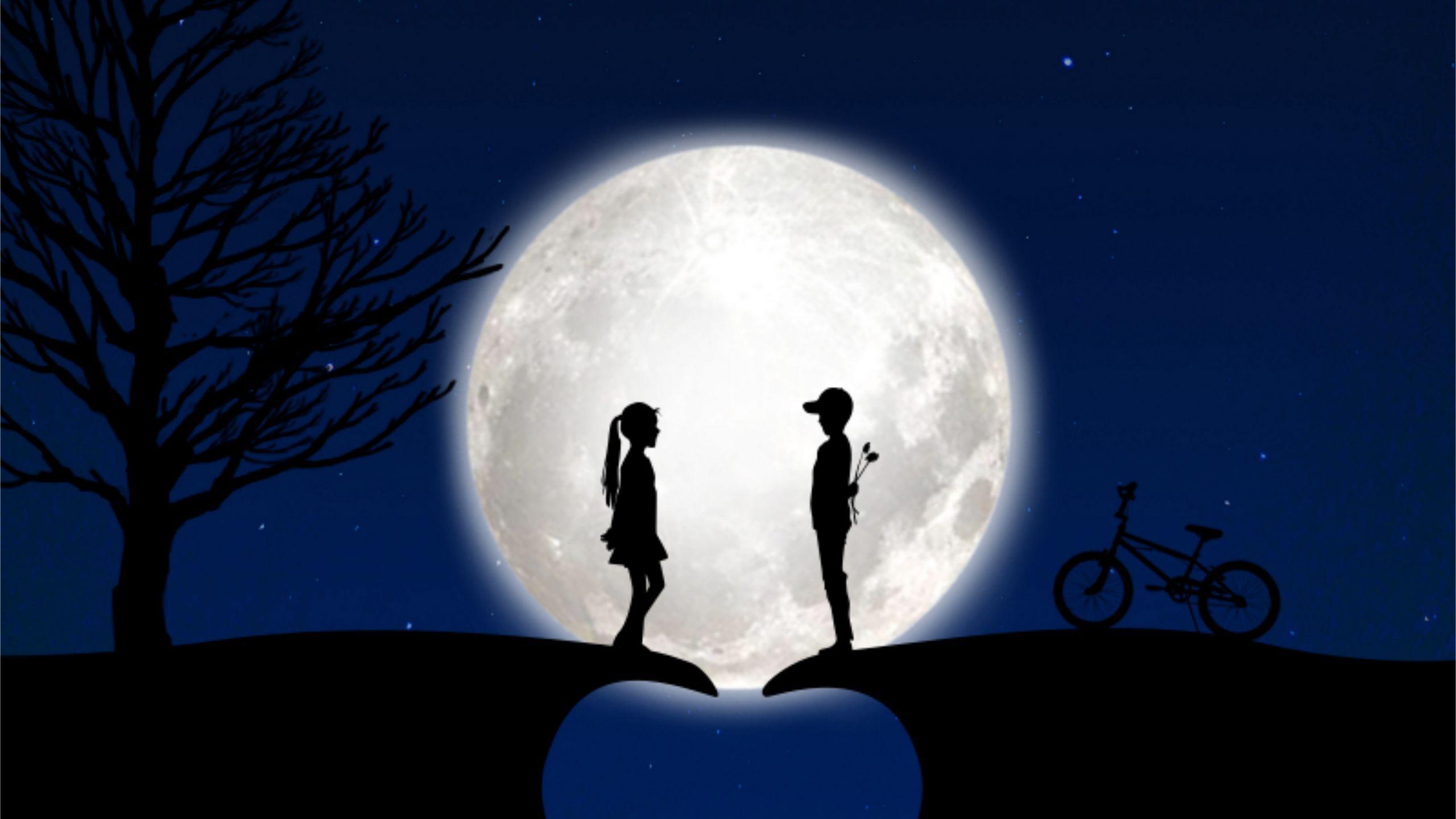 2560x1440 Download wallpaper 2560x1440 children, silhouettes, love, moon