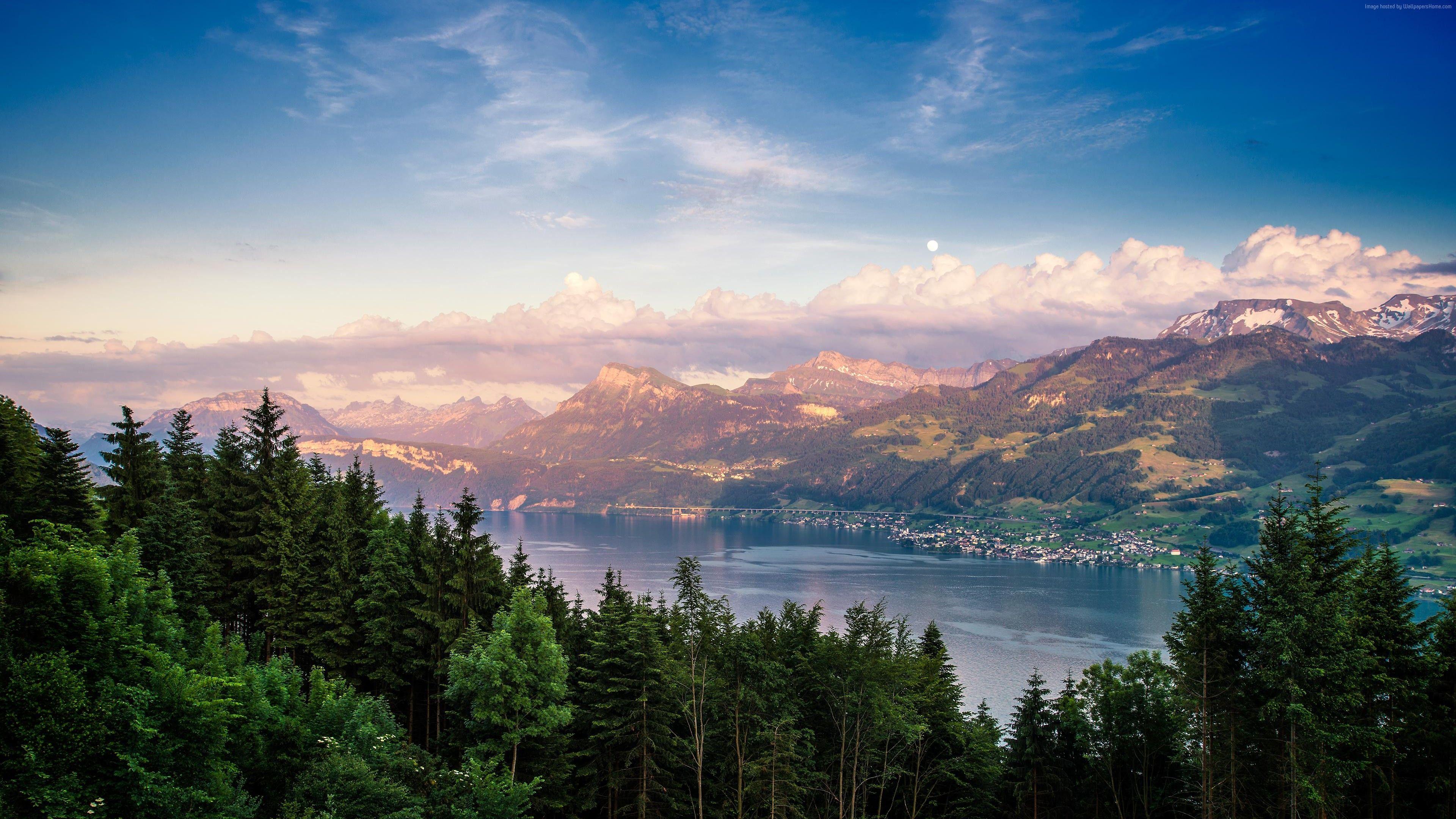 3840x2160 Wallpaper Lake Zurich, forest, sky, mountains, 4k, Nature