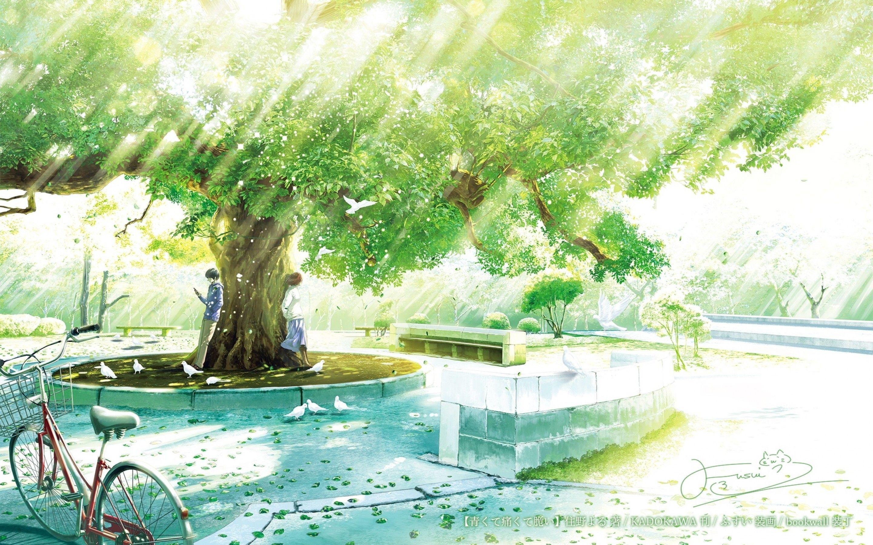 2880x1800 Download 2880x1800 Anime Couple, Big Tree, Scenic, Bicycle, Birds