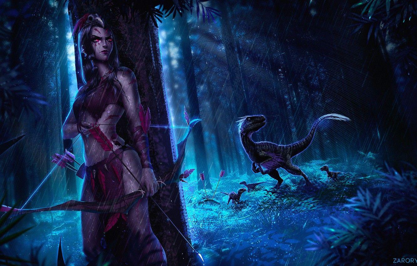 1332x850 Wallpaper Girl, Figure, Forest, Bow, Fantasy, Art, Hunter, Raptor