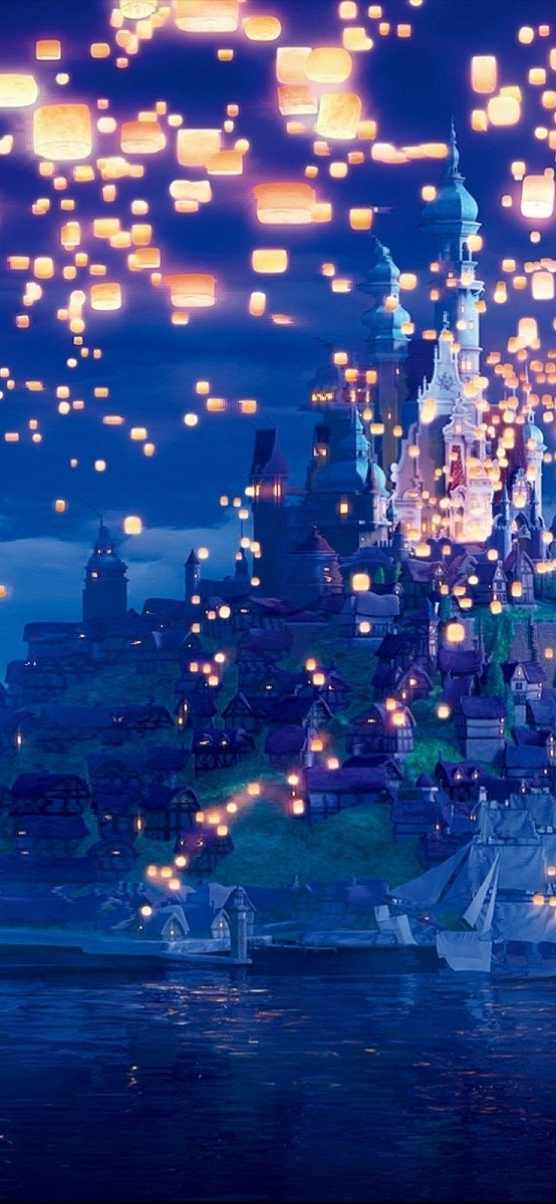 1125x2436 Tangled, Lanterns, Castle, Long Hair, Sky, Artwork