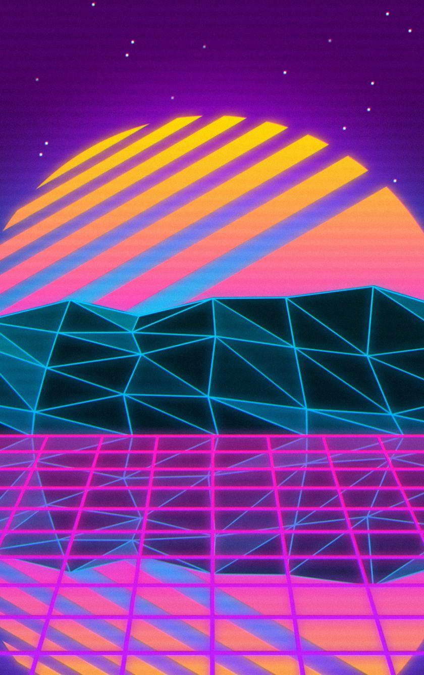 840x1336 Download 840x1336 wallpaper vaporwave, retro, sun, mountains