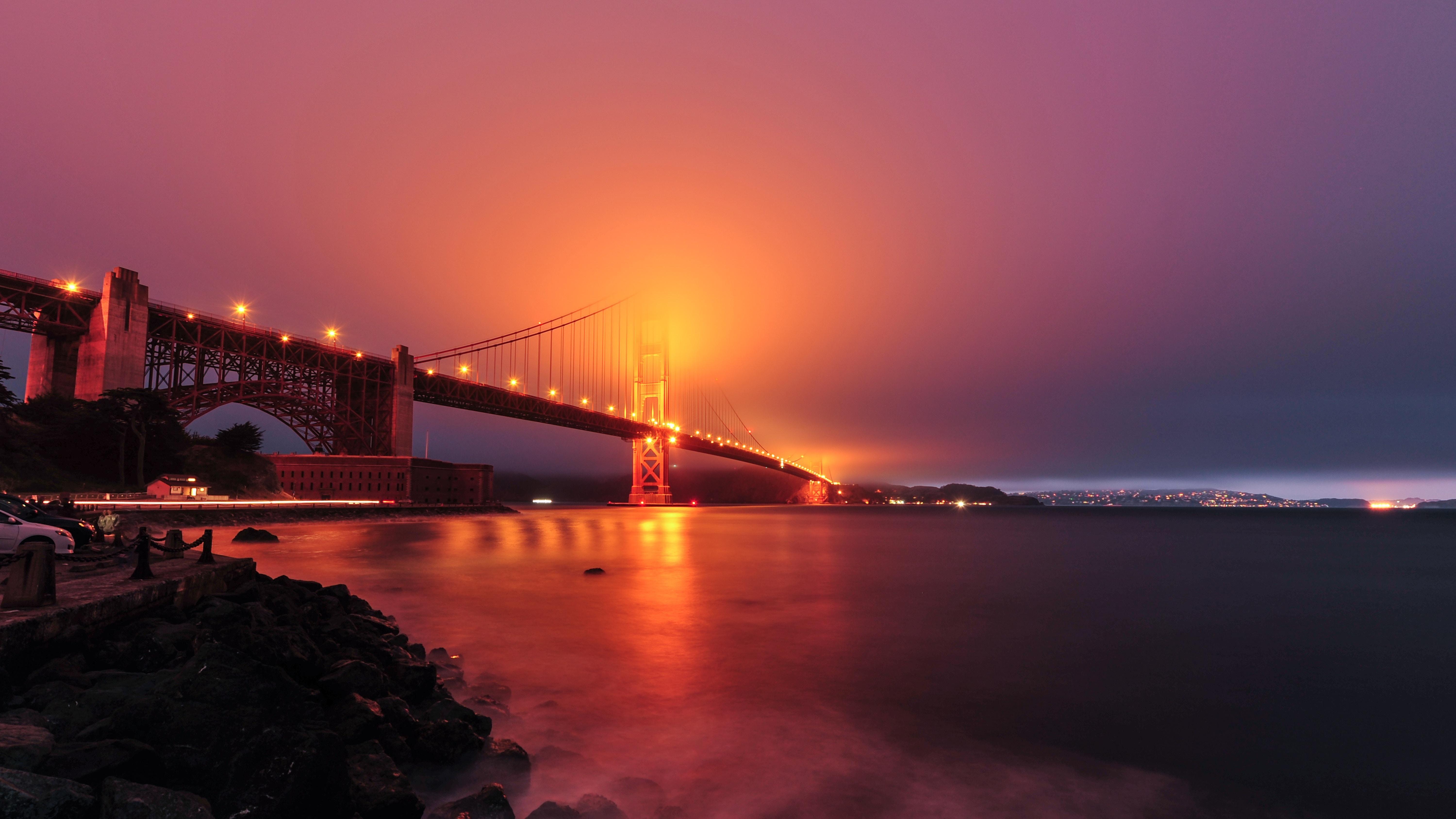 6000x3375 wallpaper bridge, night, fog, backlight, bay, golden gate bridge