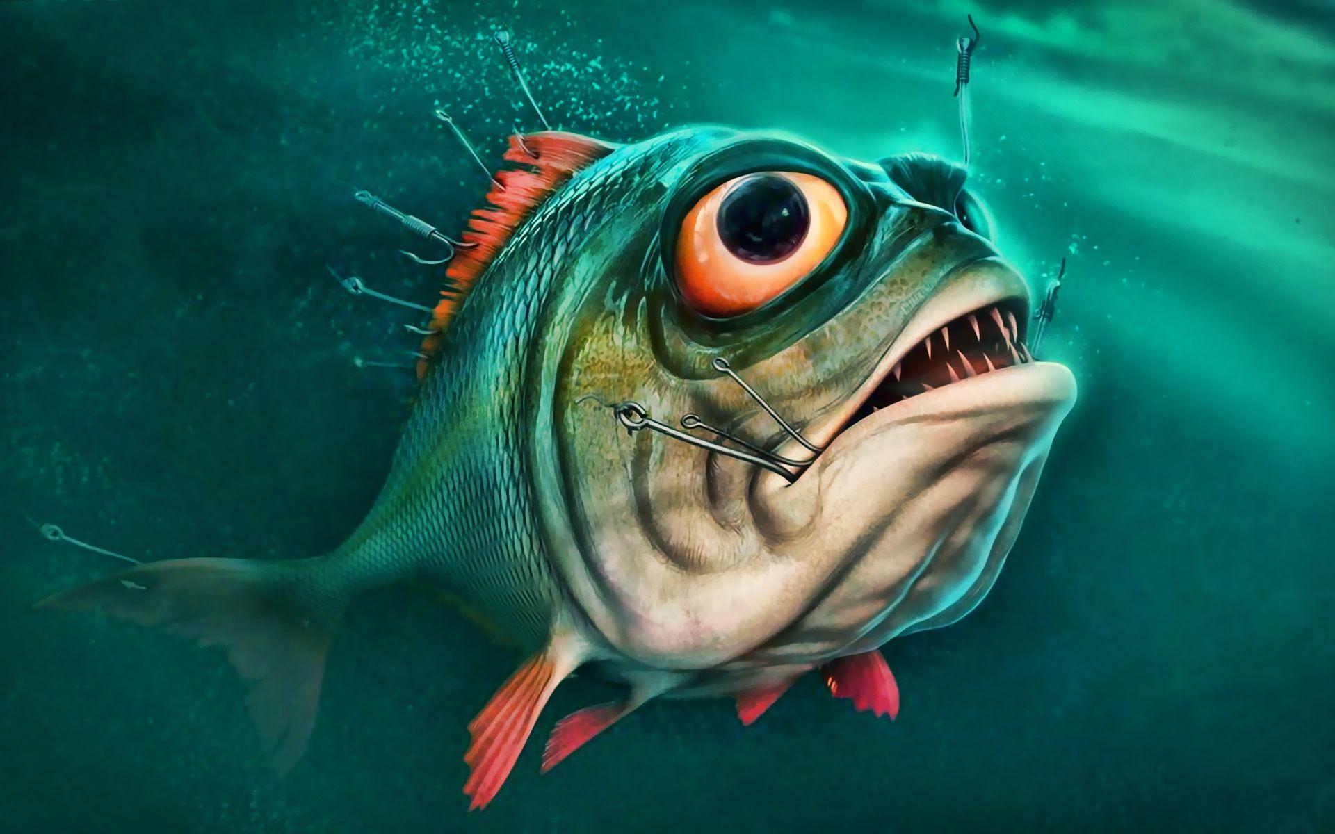 1920x1200 Download wallpaper cartoon piranha, 3D art, underwater world