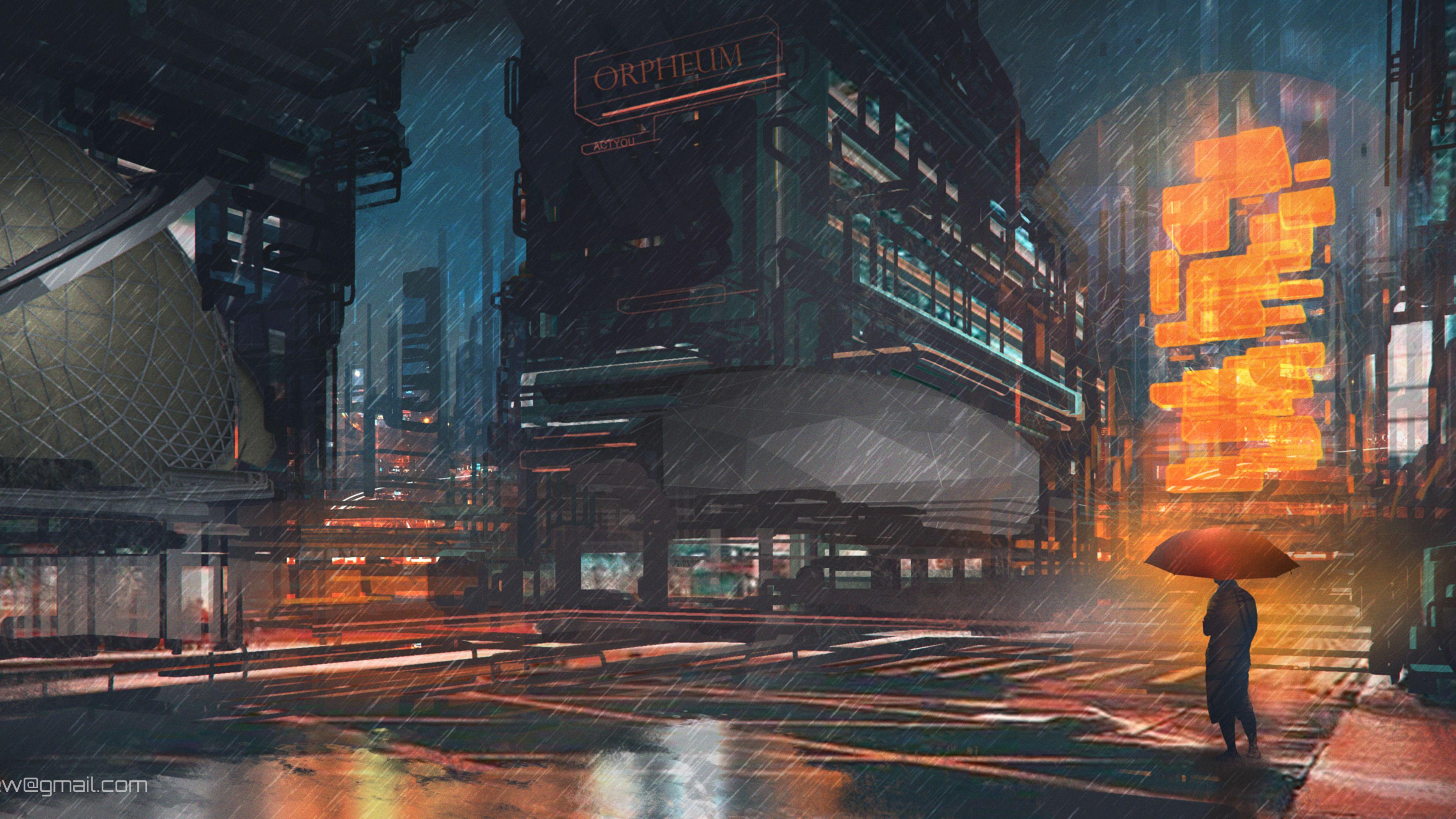 3840x2160 Wallpaper 4k Rainy Night Man With Umbrella Scifi Drawings Digital Art 4k Wallpaper