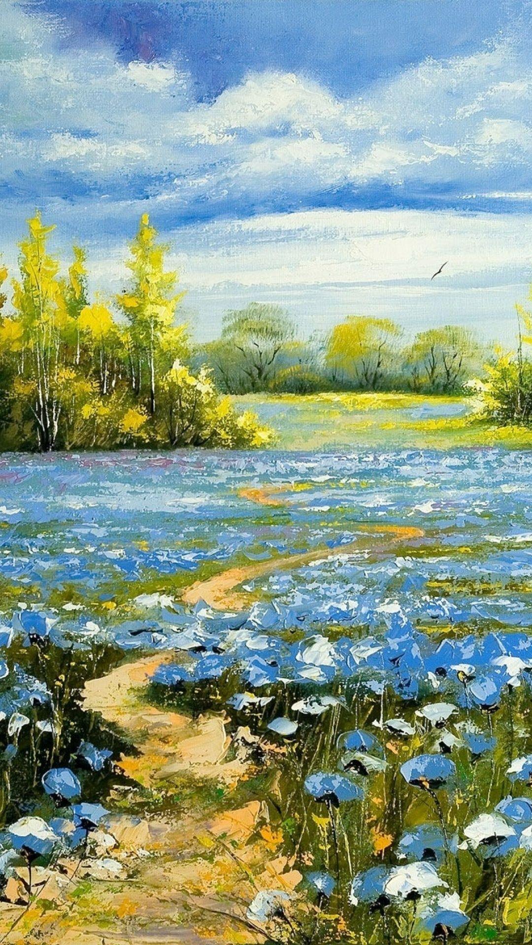 1080x1920 Nice Blue Flower Field Paint Galaxy s4 wallpaper