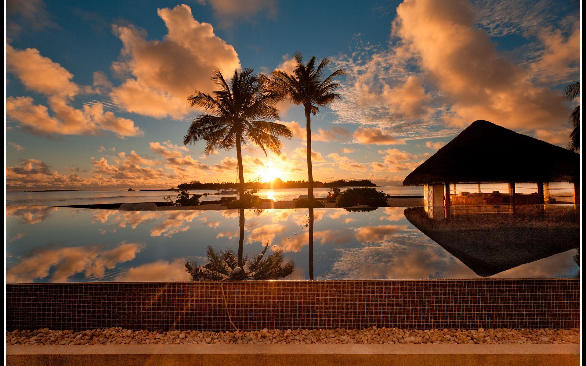 1920x1200 landscape, Water, Palm, Trees, Sunset, Sky, Sun, Clouds, Maldives