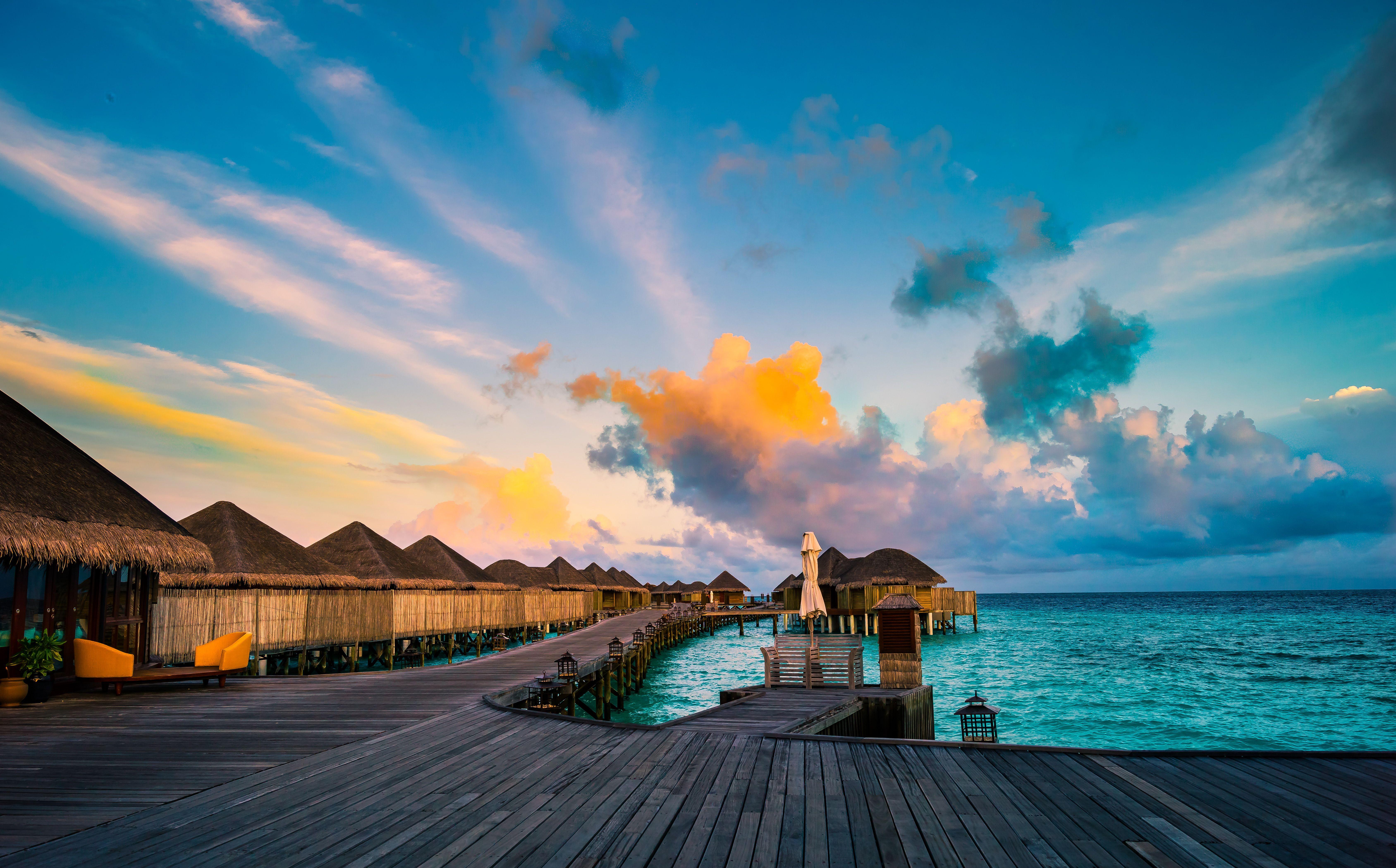 6752x4200 Image Maldives Bungalow Sea Nature Sky Scenery Tropics 6752x4200