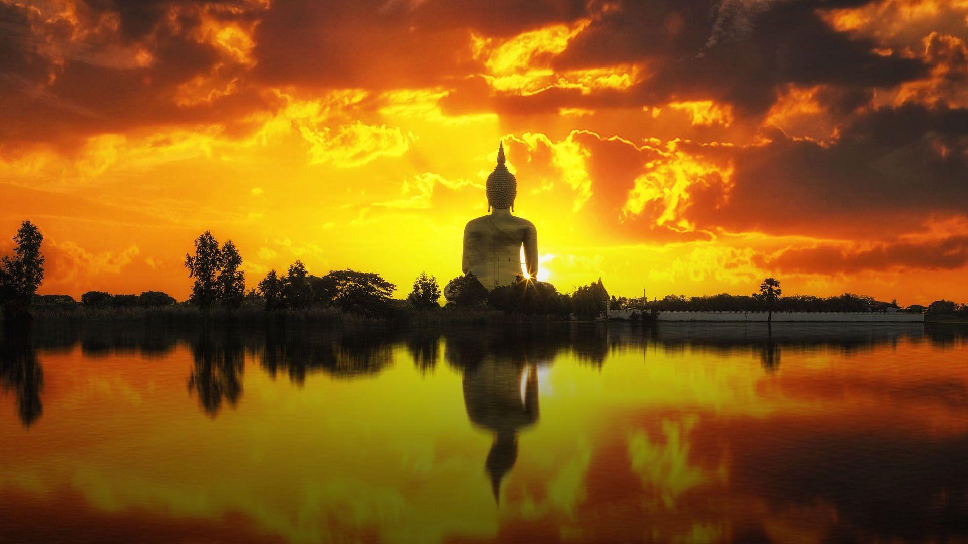 1920x1080 Buddha Statue Sunset Lake Wallpaper