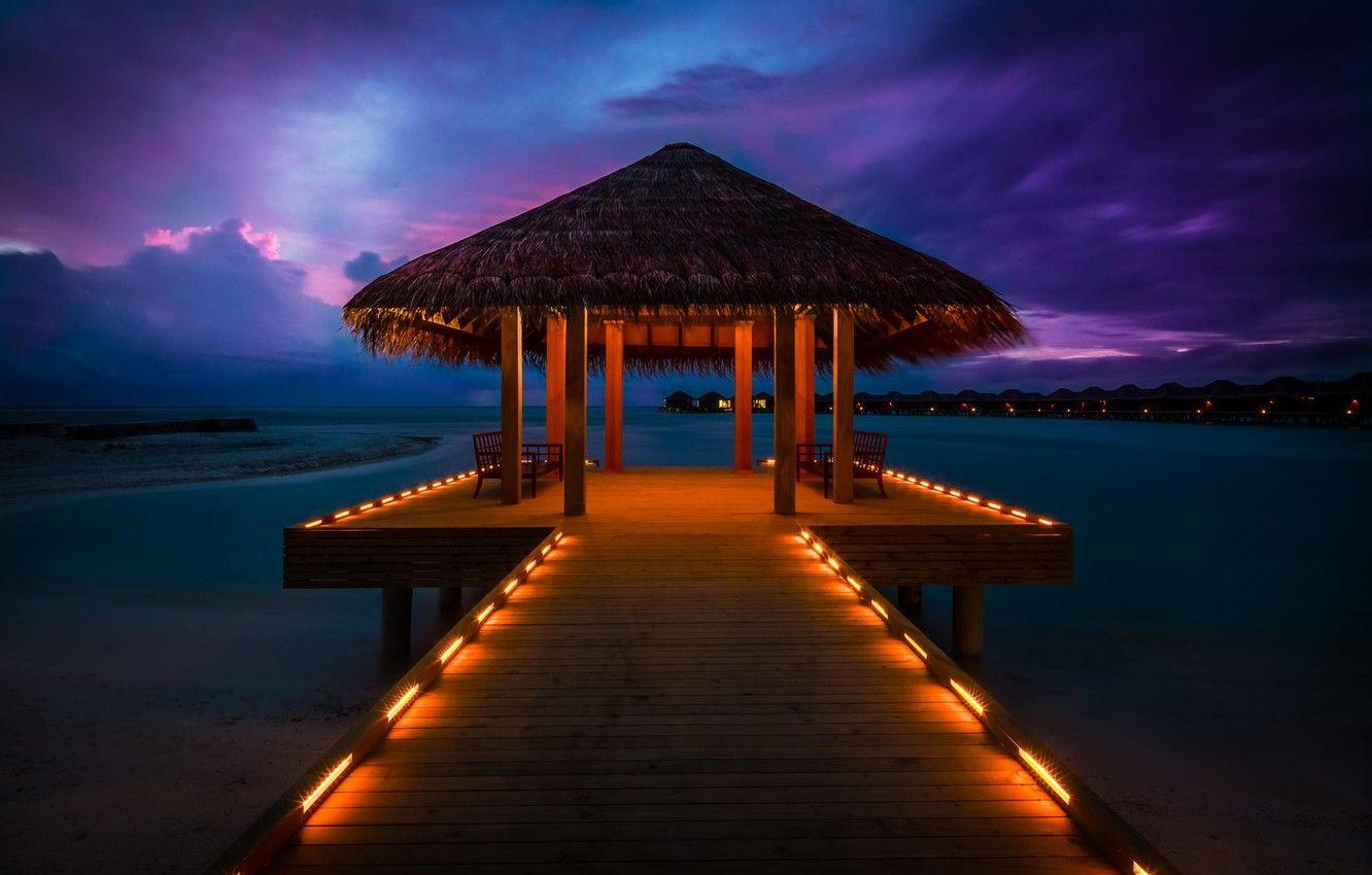 1332x850 Wallpaper sunset, the ocean, pierce, Bungalow, Maldives, Anantara