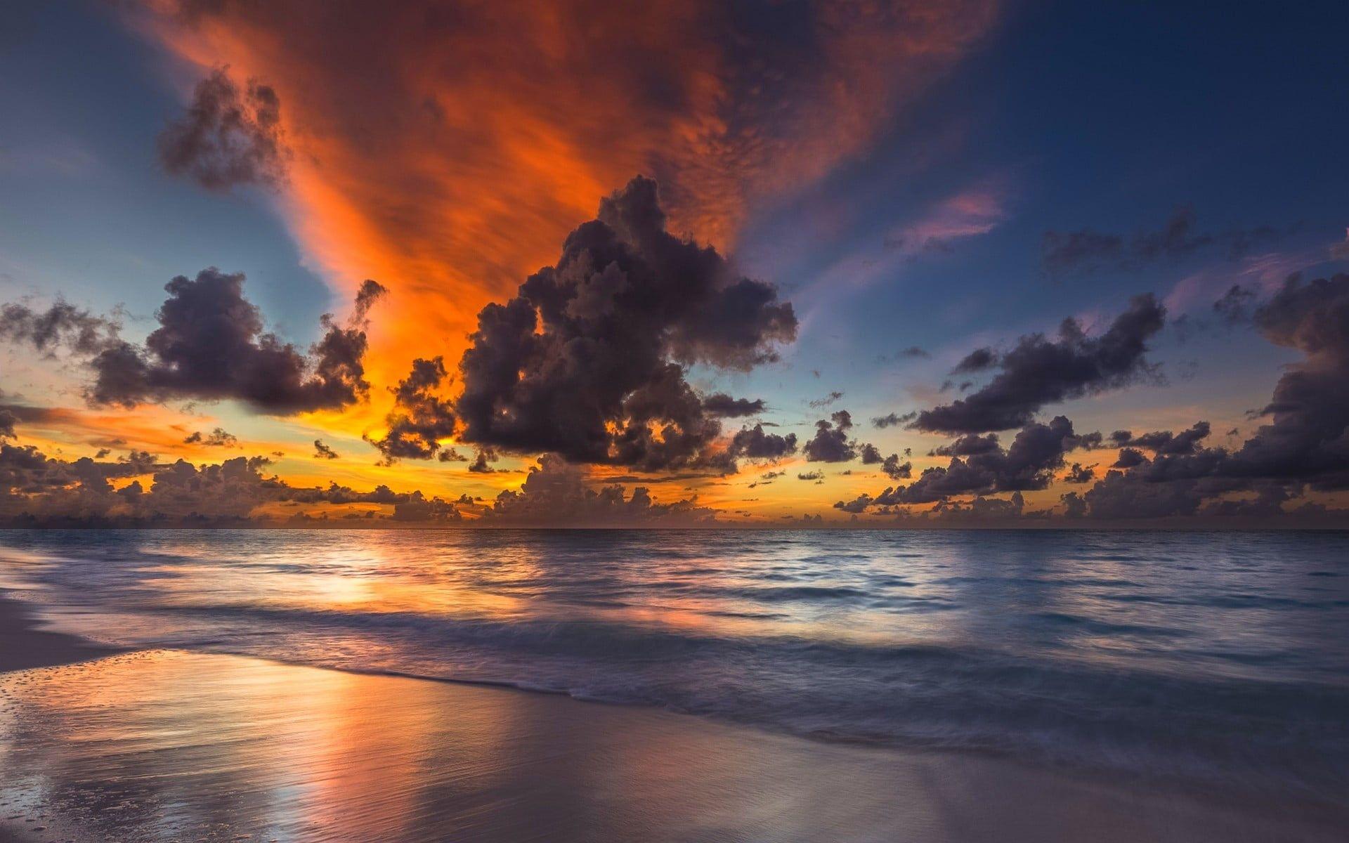 1920x1200 Body of water and cloudy sky, nature, sunset, beach, Maldives HD