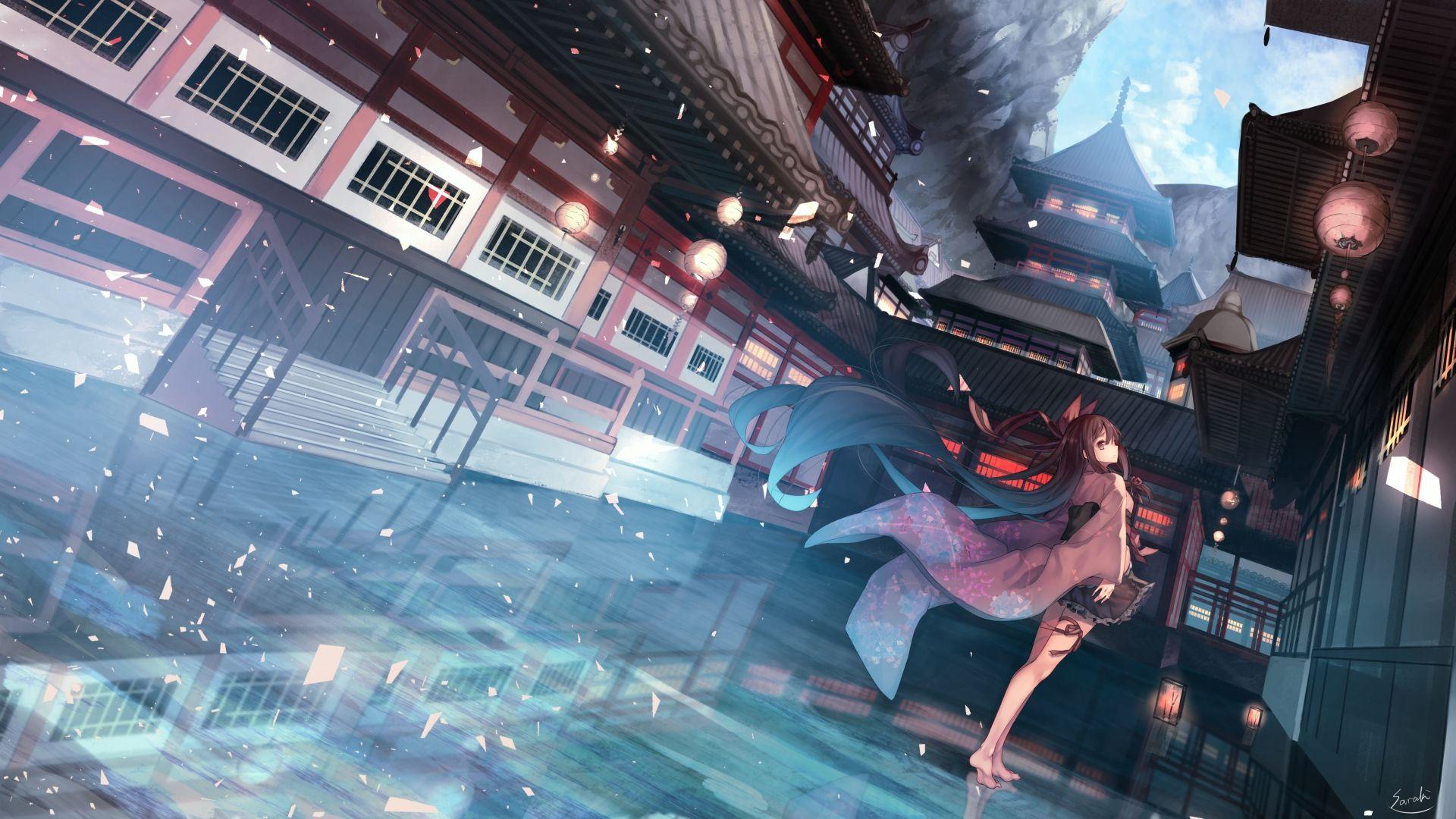 1920x1080 Download 1920x1080 Anime Girl, Japanese Buildings, Traditional