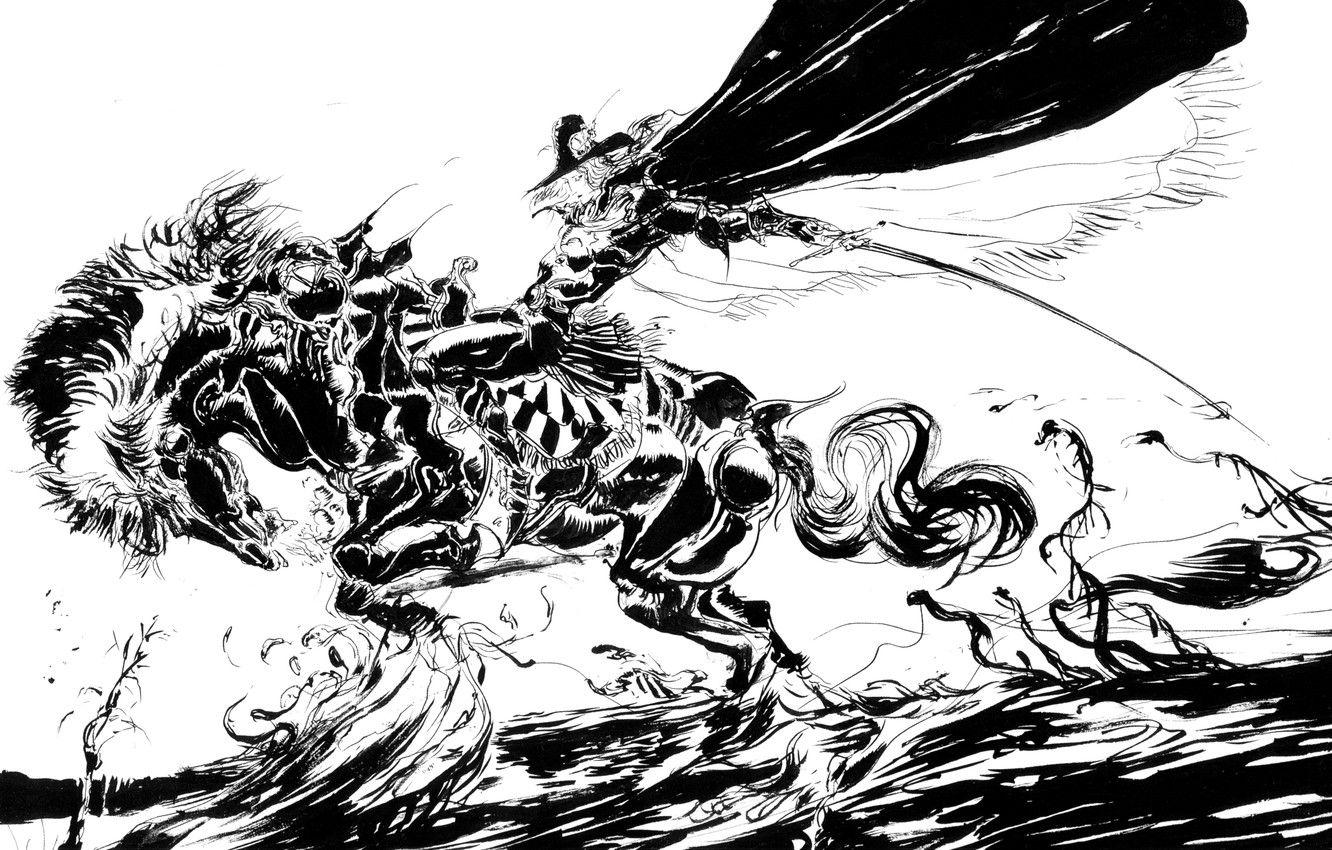 1332x850 Wallpaper horse, graphics, sword, black and white, rider, cloak, hunter, Vampire Hunter D, by Yoshitaka Amano image for desktop, section сёнэн