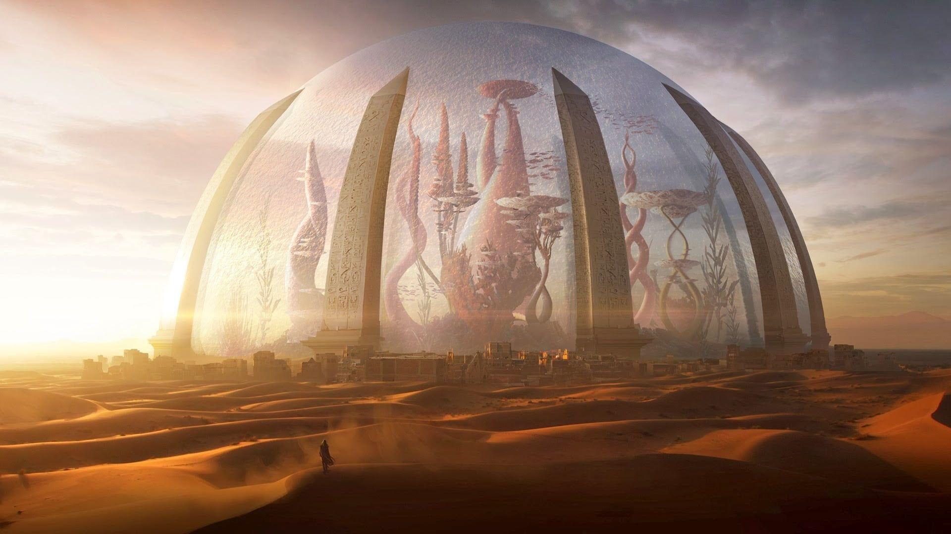 1920x1080 Glass dome city in middle of desert poster, digital art, Torment