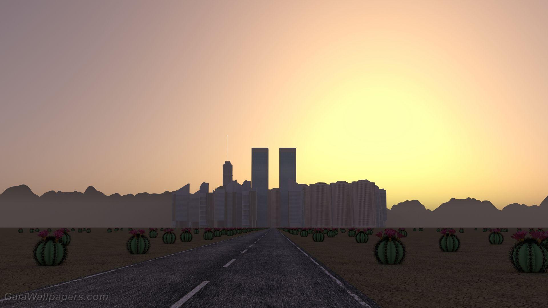 1920x1080 Road to the desert city of dual towers wallpaper 1920x1080